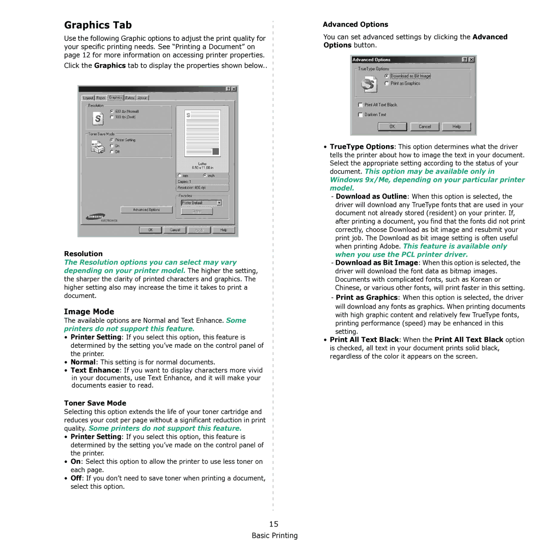 Samsung 3560 manual Graphics Tab, Image Mode, Resolution, Toner Save Mode, Advanced Options 