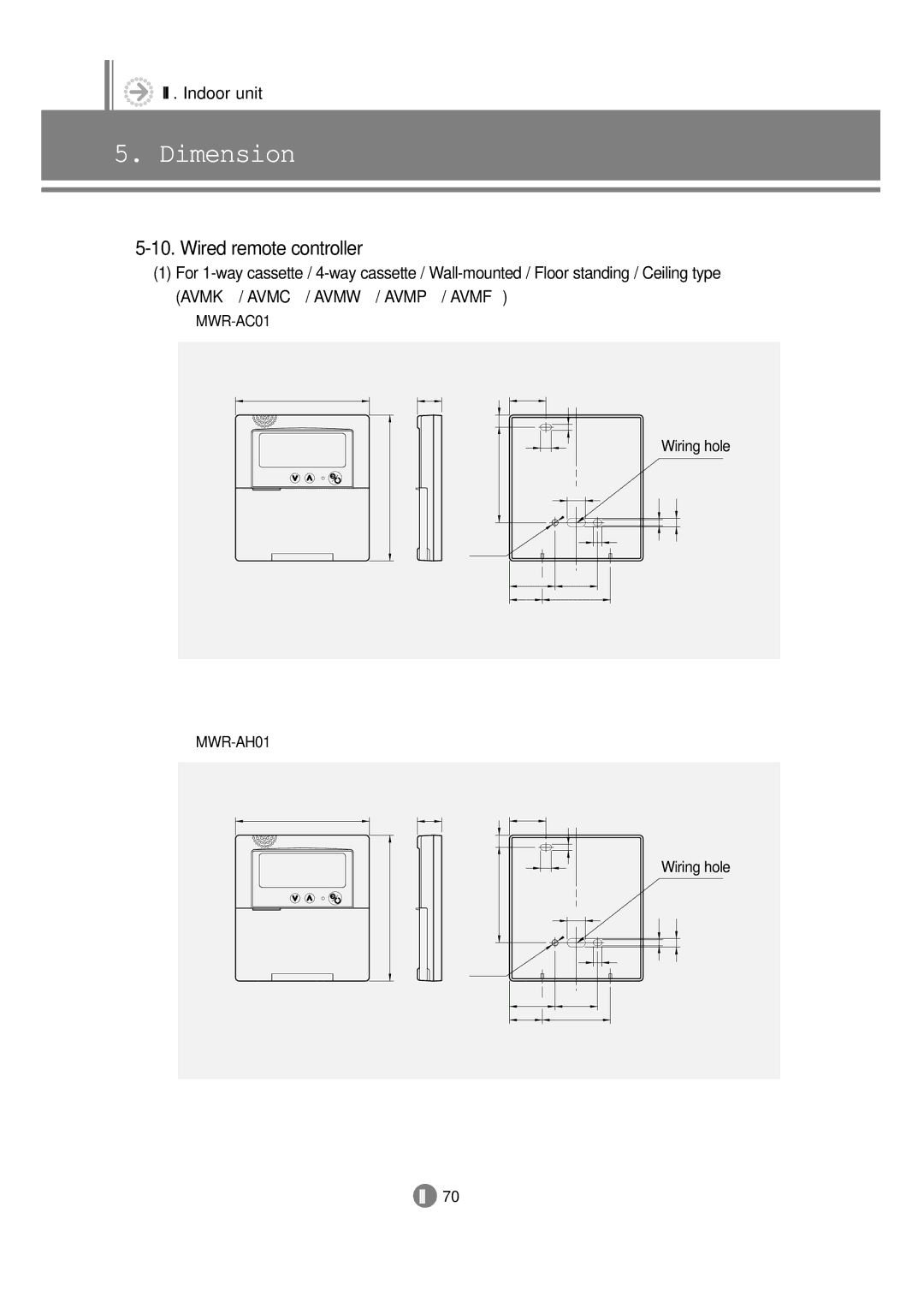 Samsung 3759 technical manual Wired remote controller, MWR-AC01 Wiring hole MWR-AH01 