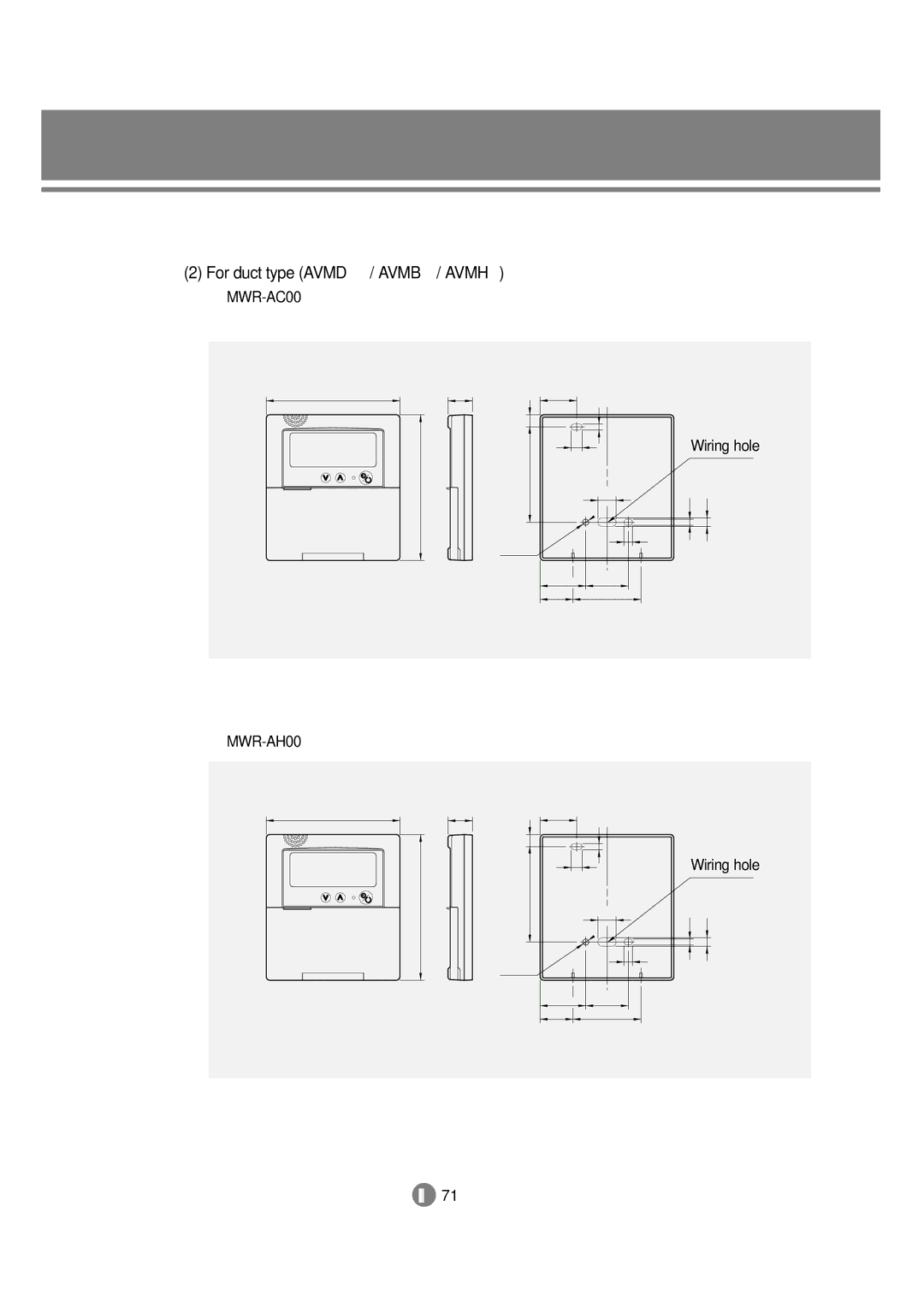 Samsung 3759 technical manual For duct type Avmd / Avmb / Avmh, MWR-AC00 Wiring hole MWR-AH00 