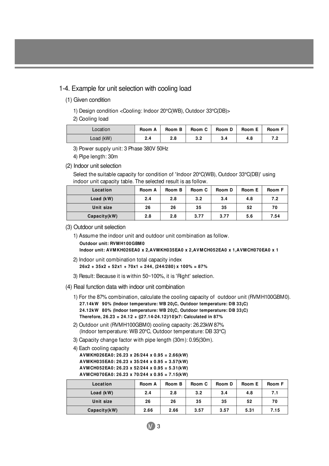 Samsung 3759 Example for unit selection with cooling load, Given condition, Indoor unit selection, Outdoor unit selection 