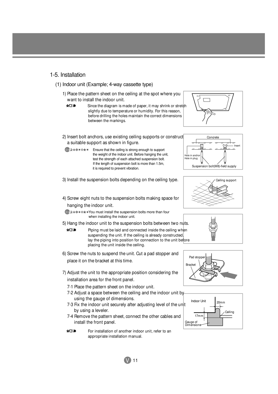 Samsung 3759 technical manual Installation, Indoor unit Example 4-way cassette type 