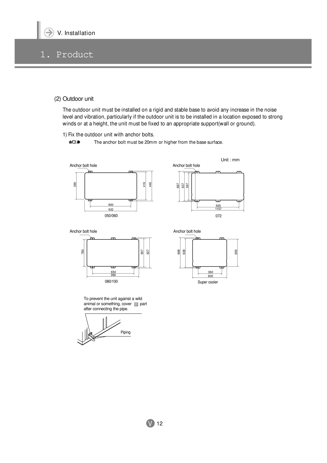 Samsung 3759 technical manual Outdoor unit, Fix the outdoor unit with anchor bolts 