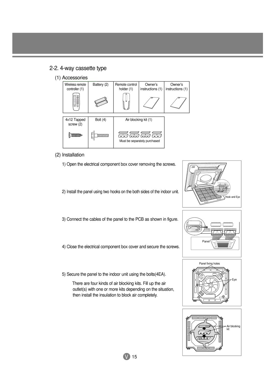 Samsung 3759 technical manual Secure the panel to the indoor unit using the bolts4EA 