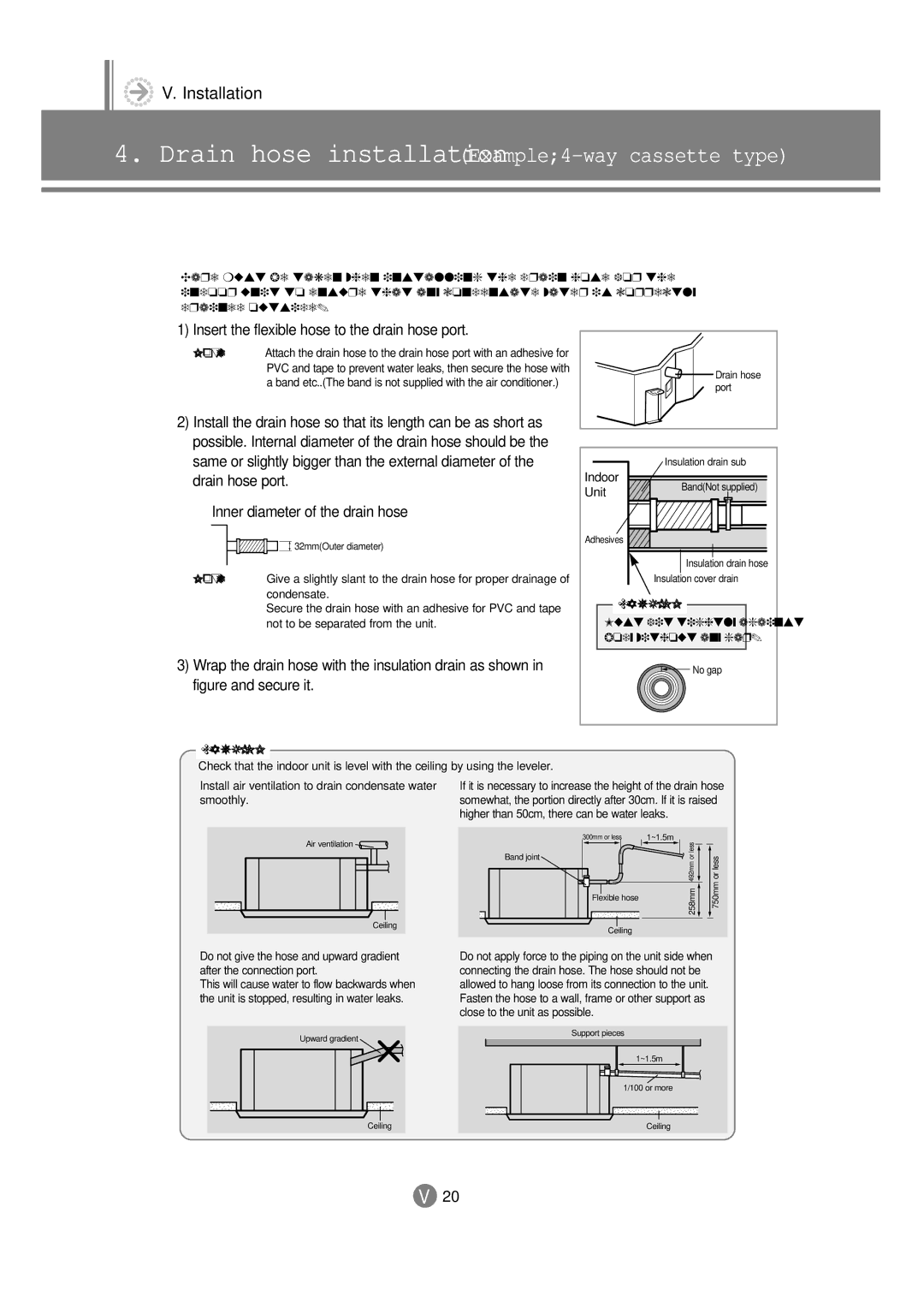 Samsung 3759 technical manual Drain hose installation Example4-way cassette type 