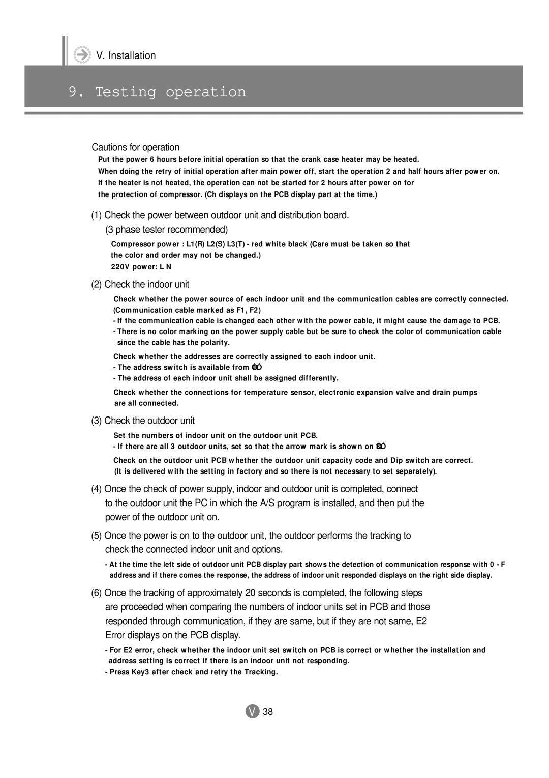 Samsung 3759 technical manual Testing operation, Check the indoor unit, Check the outdoor unit 