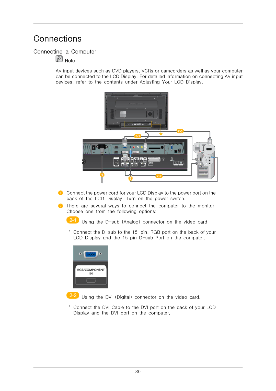 Samsung 460CX-2, 400CXN-2, 400CX-2, 460CXN-2 quick start Connections, Connecting a Computer 