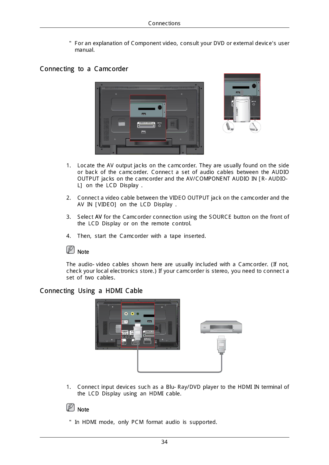 Samsung 460CX-2, 400CXN-2, 400CX-2, 460CXN-2 quick start Connecting to a Camcorder, Connecting Using a Hdmi Cable 