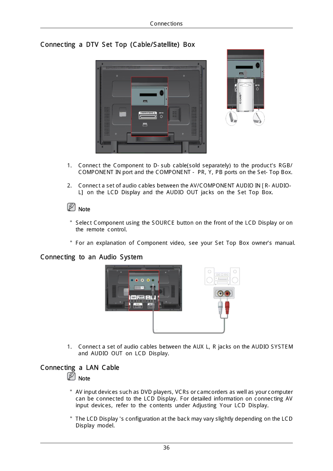 Samsung 400CX-2 Connecting a DTV Set Top Cable/Satellite Box, Connecting to an Audio System, Connecting a LAN Cable 