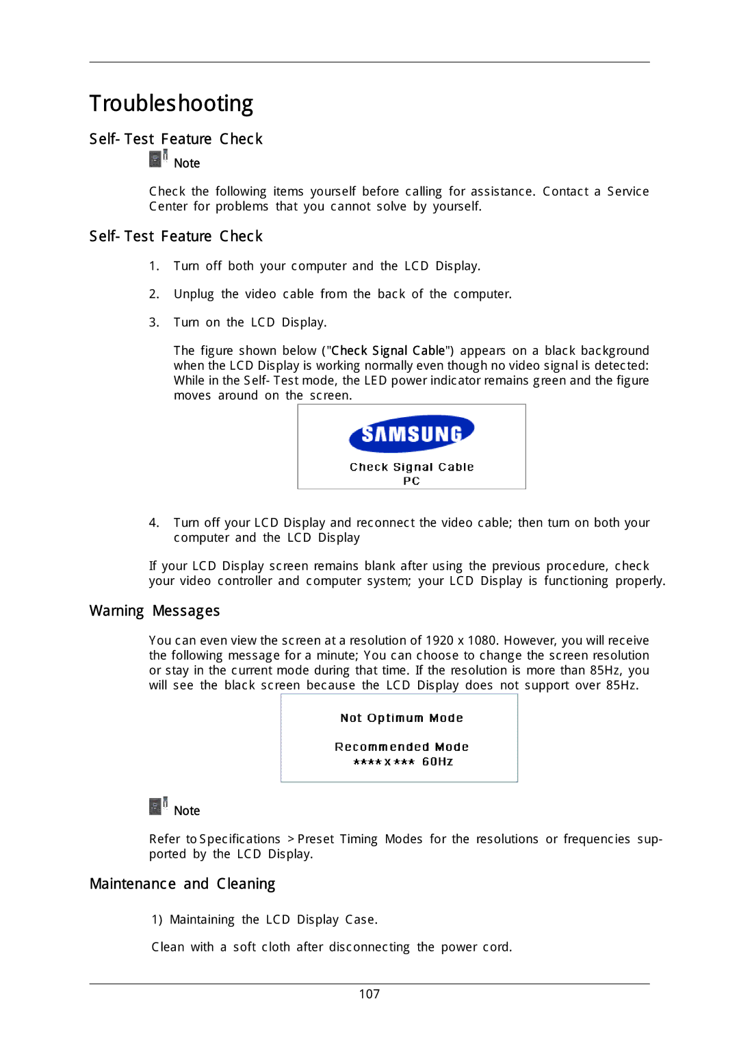 Samsung 460CX-2, 400CXN-2, 400CX-2, 460CXN-2 quick start Self-Test Feature Check, Maintenance and Cleaning 