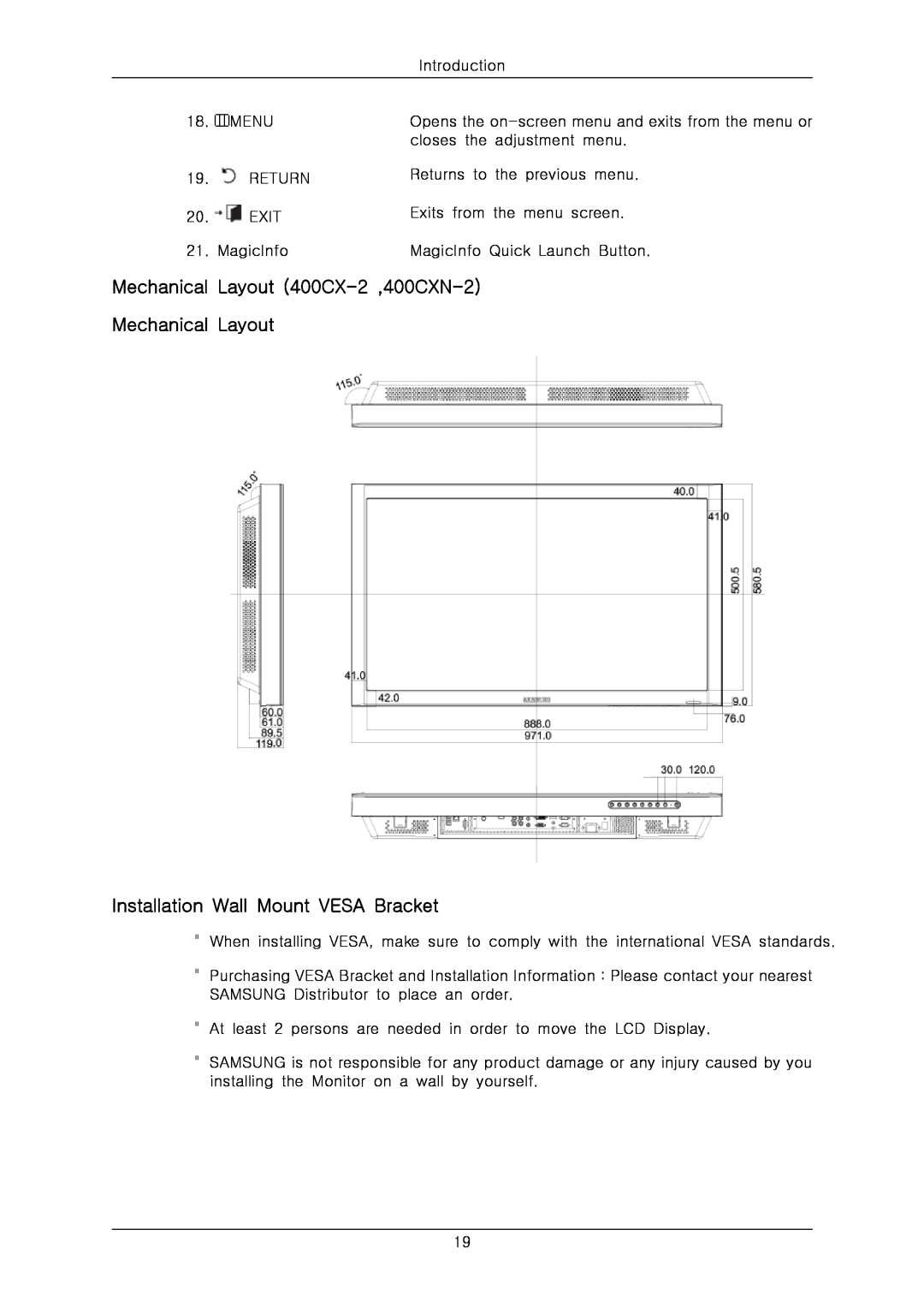 Samsung 460CXN-2, 460CX-2 Mechanical Layout 400CX-2 ,400CXN-2 Mechanical Layout, Installation Wall Mount VESA Bracket 