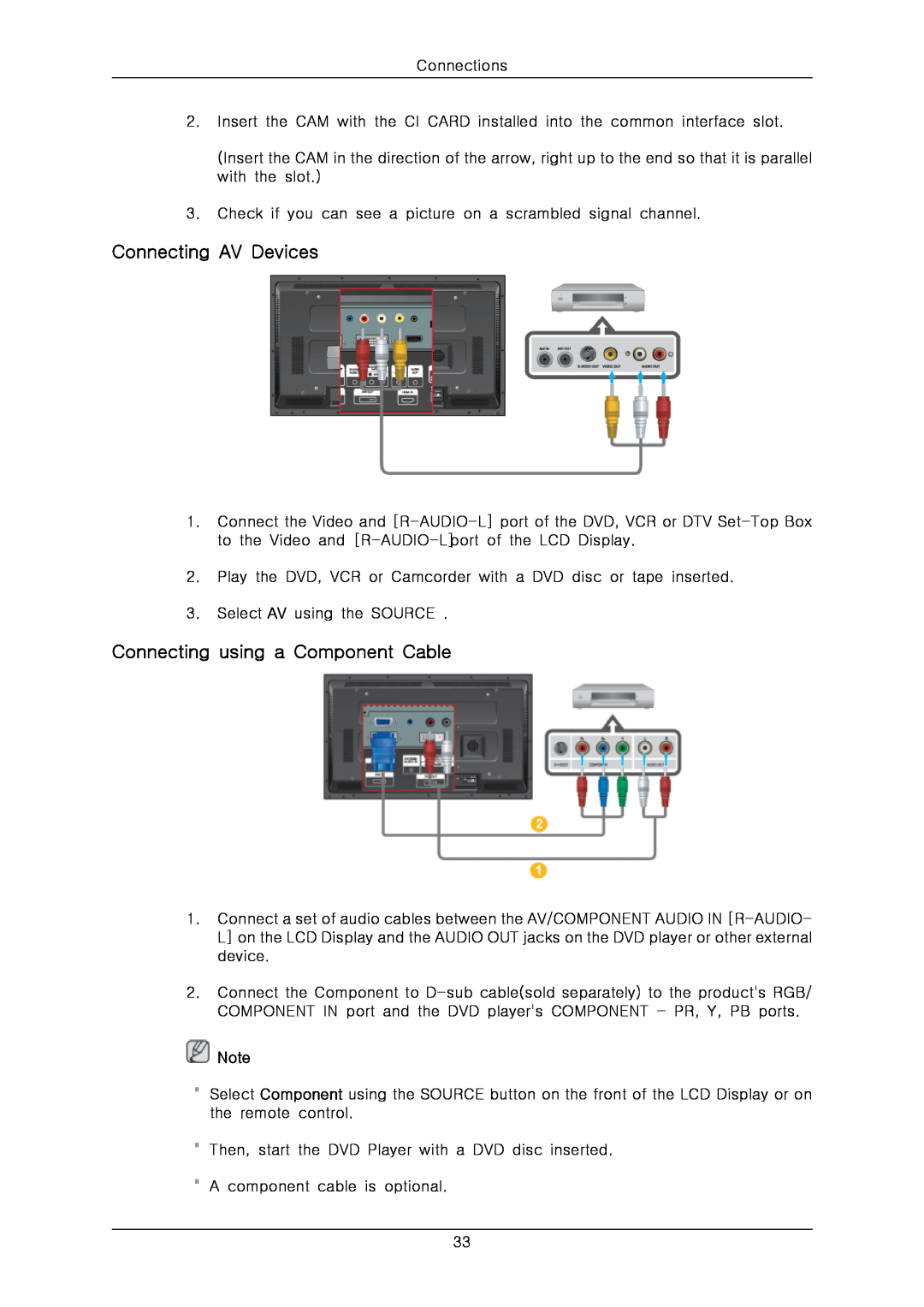 Samsung 460CXN-2, 400CXN-2, 400CX-2, 460CX-2 quick start Connecting AV Devices, Connecting using a Component Cable 