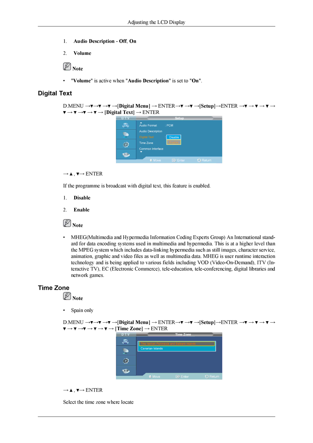 Samsung 400CXN, 460CXN, 460CXn user manual Digital Text, Time Zone, Audio Description Off, On Volume, Disable Enable 