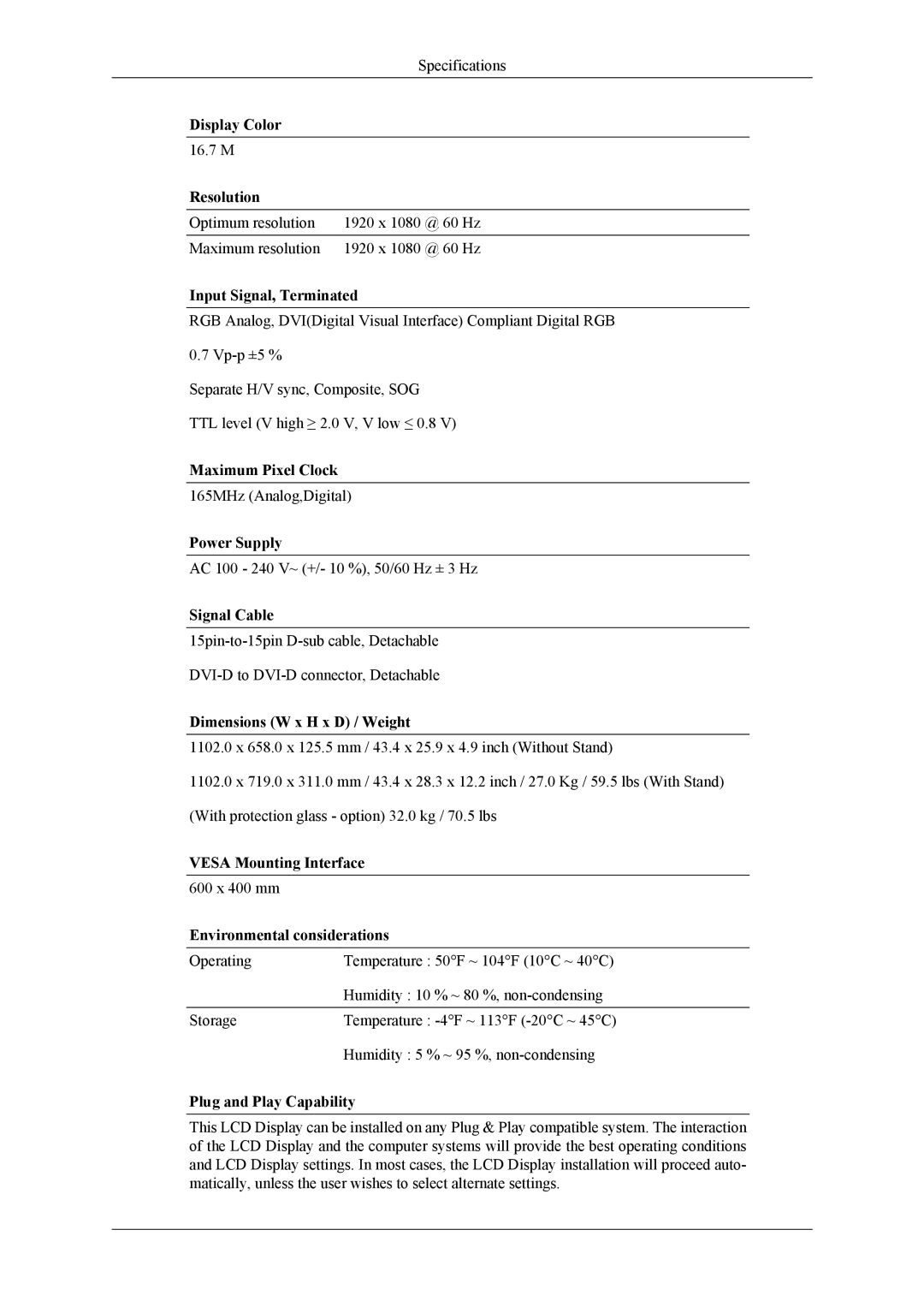 Samsung 400CXN, 460CXN, 460CXn user manual Optimum resolution 1920 x 1080 @ 60 Hz Maximum resolution 