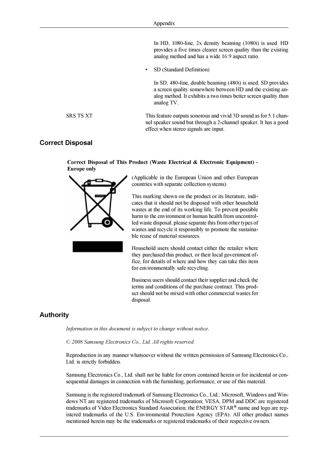 Samsung 460CXn, 400CXN, 460CXN user manual Correct Disposal, Authority 