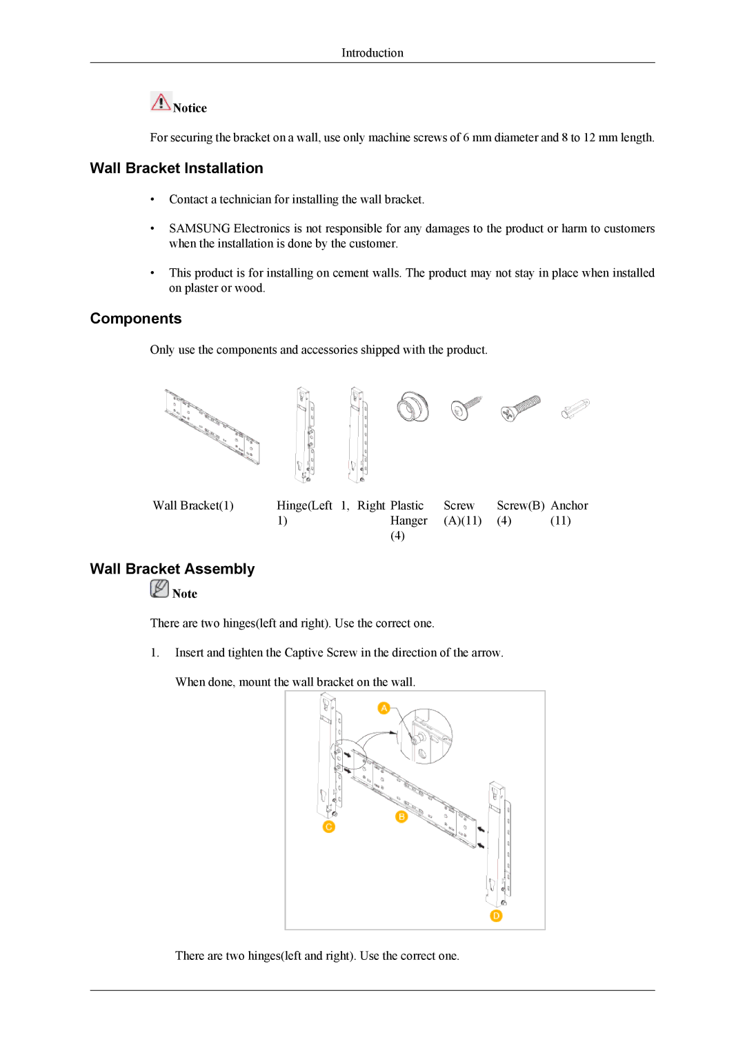 Samsung 400CXN, 460CXN, 460CXn user manual Wall Bracket Installation 