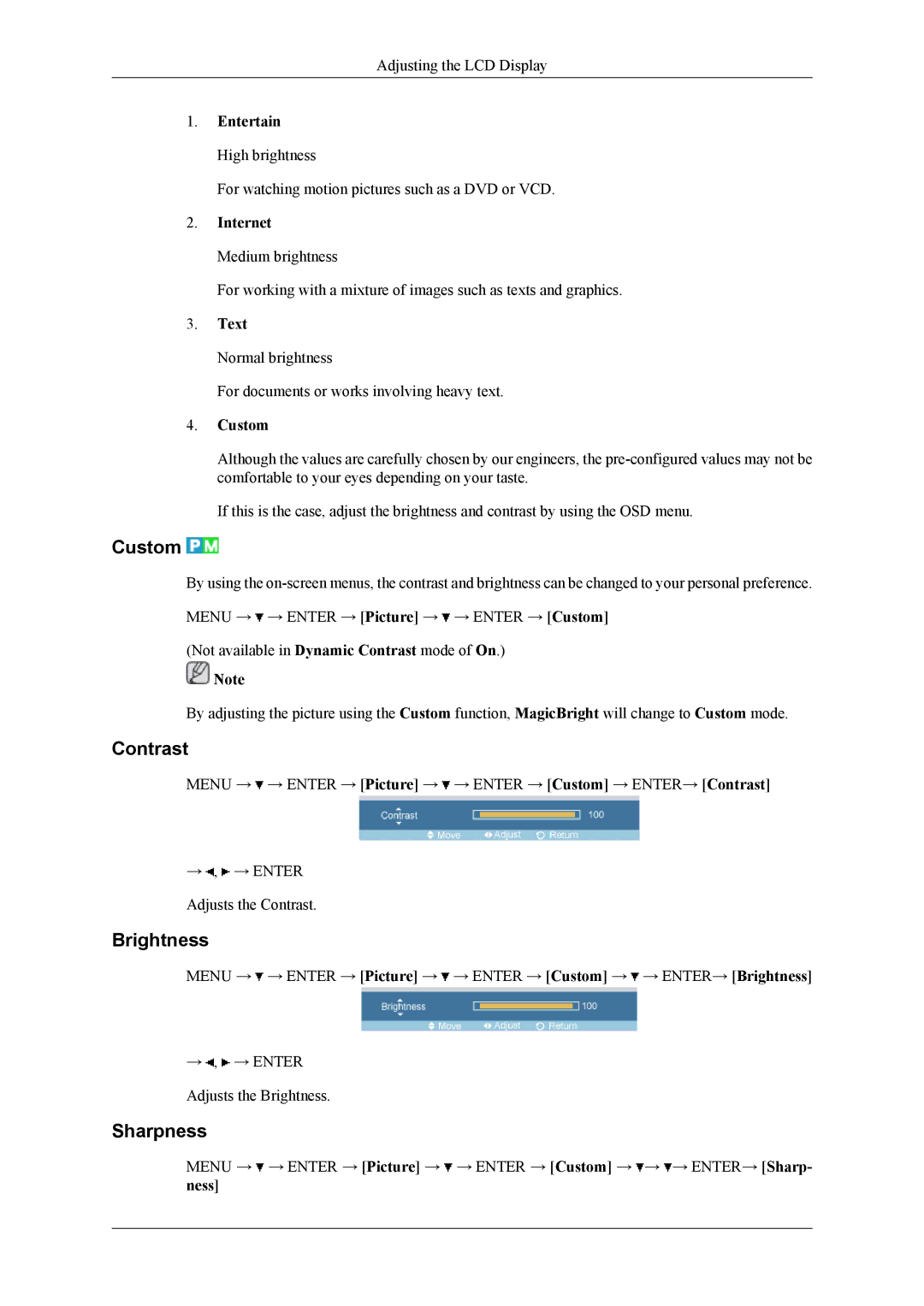 Samsung 400CXN, 460CXN, 460CXn user manual Custom, Contrast, Brightness, Sharpness 