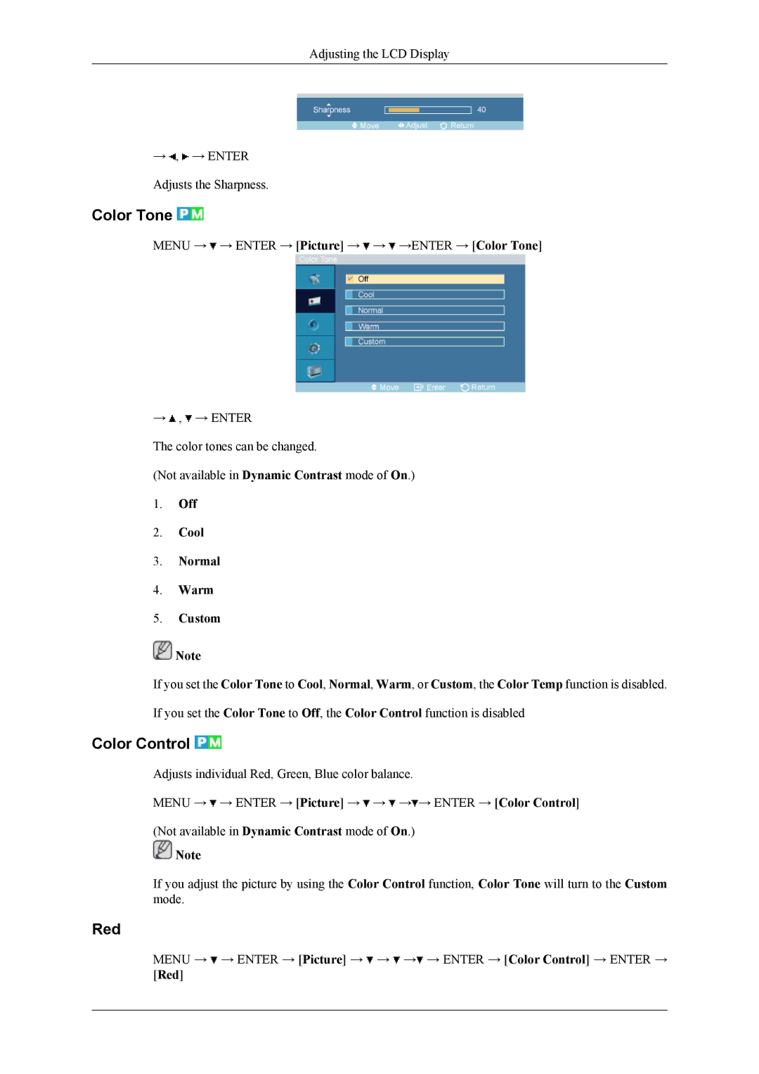 Samsung 460CXn, 400CXN, 460CXN user manual Color Tone, Color Control, Red, Off Cool Normal Warm Custom 