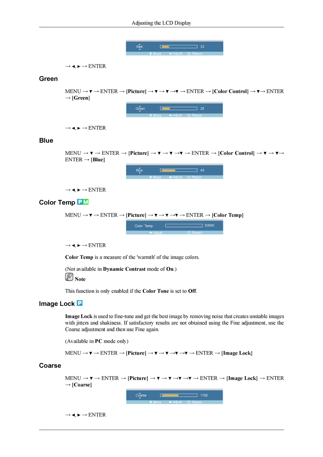 Samsung 400CXN, 460CXN, 460CXn user manual Green, Blue, Color Temp, Image Lock, Coarse 