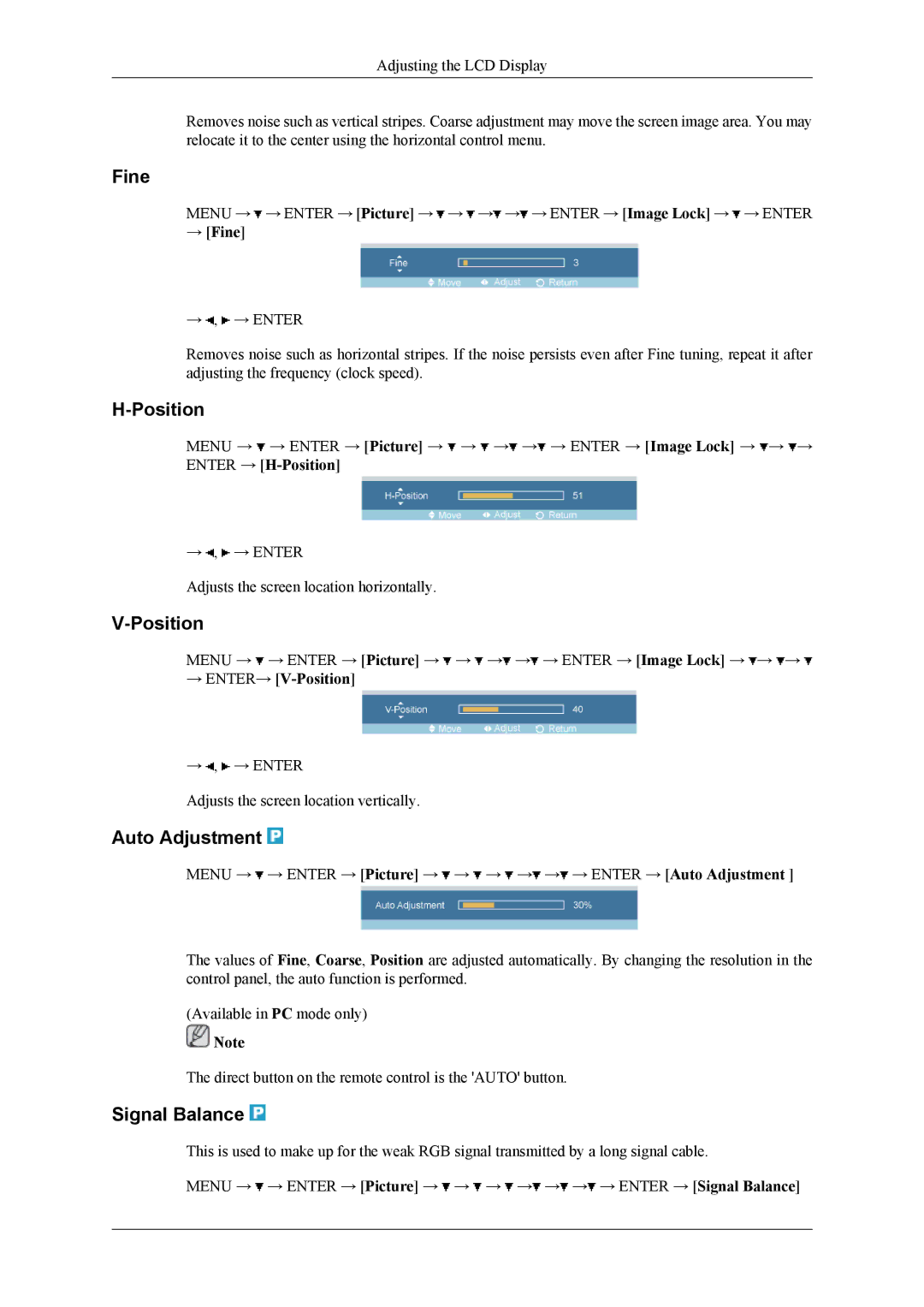 Samsung 460CXn, 400CXN, 460CXN user manual Fine, Position, Auto Adjustment, Signal Balance 