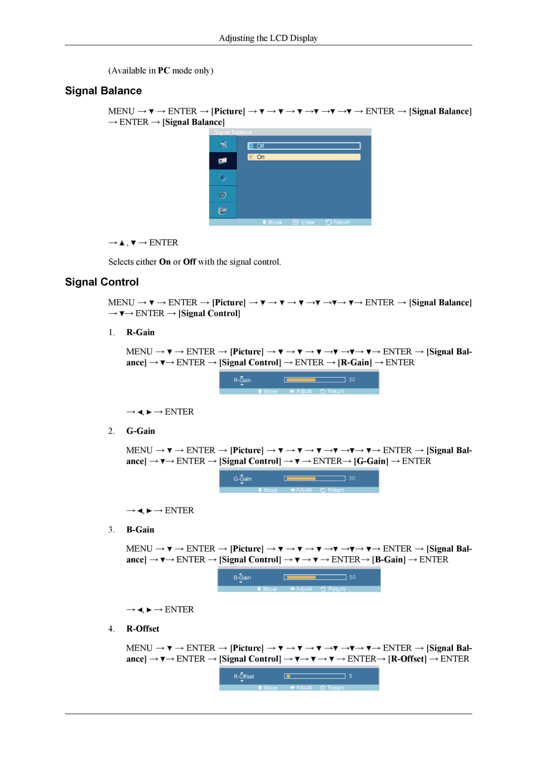 Samsung 400CXN, 460CXN, 460CXn user manual → Enter → Signal Balance, → → Enter → Signal Control Gain, Offset 