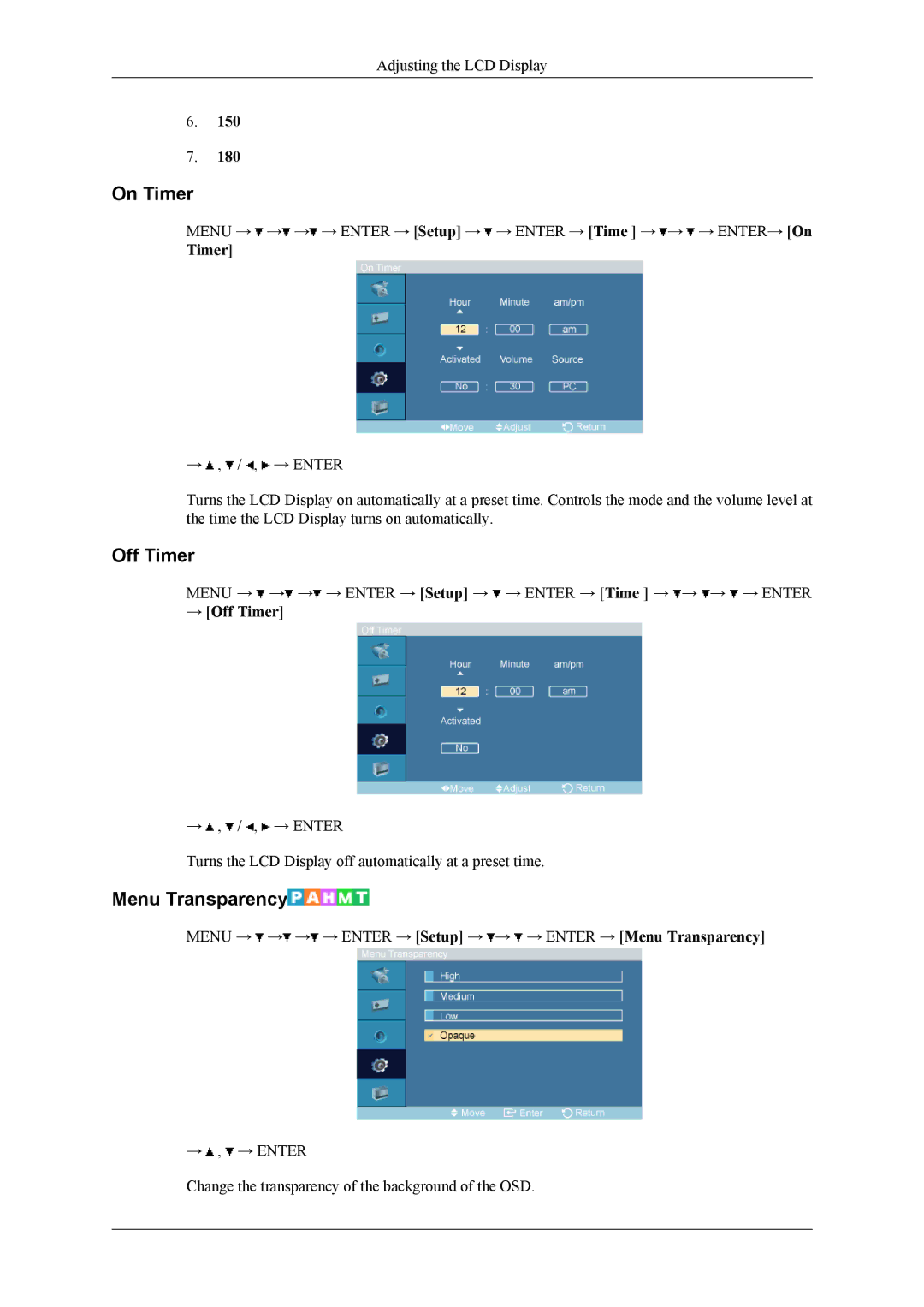 Samsung 460CXn, 400CXN, 460CXN user manual On Timer, Menu Transparency, → Off Timer 