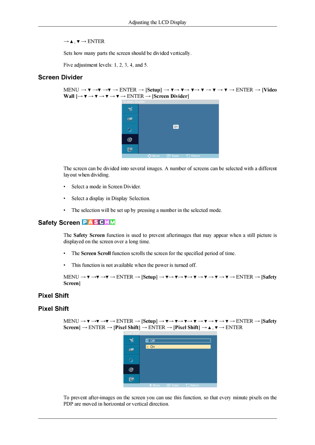 Samsung 460CXn, 400CXN, 460CXN user manual Screen Divider, Safety Screen, Pixel Shift 