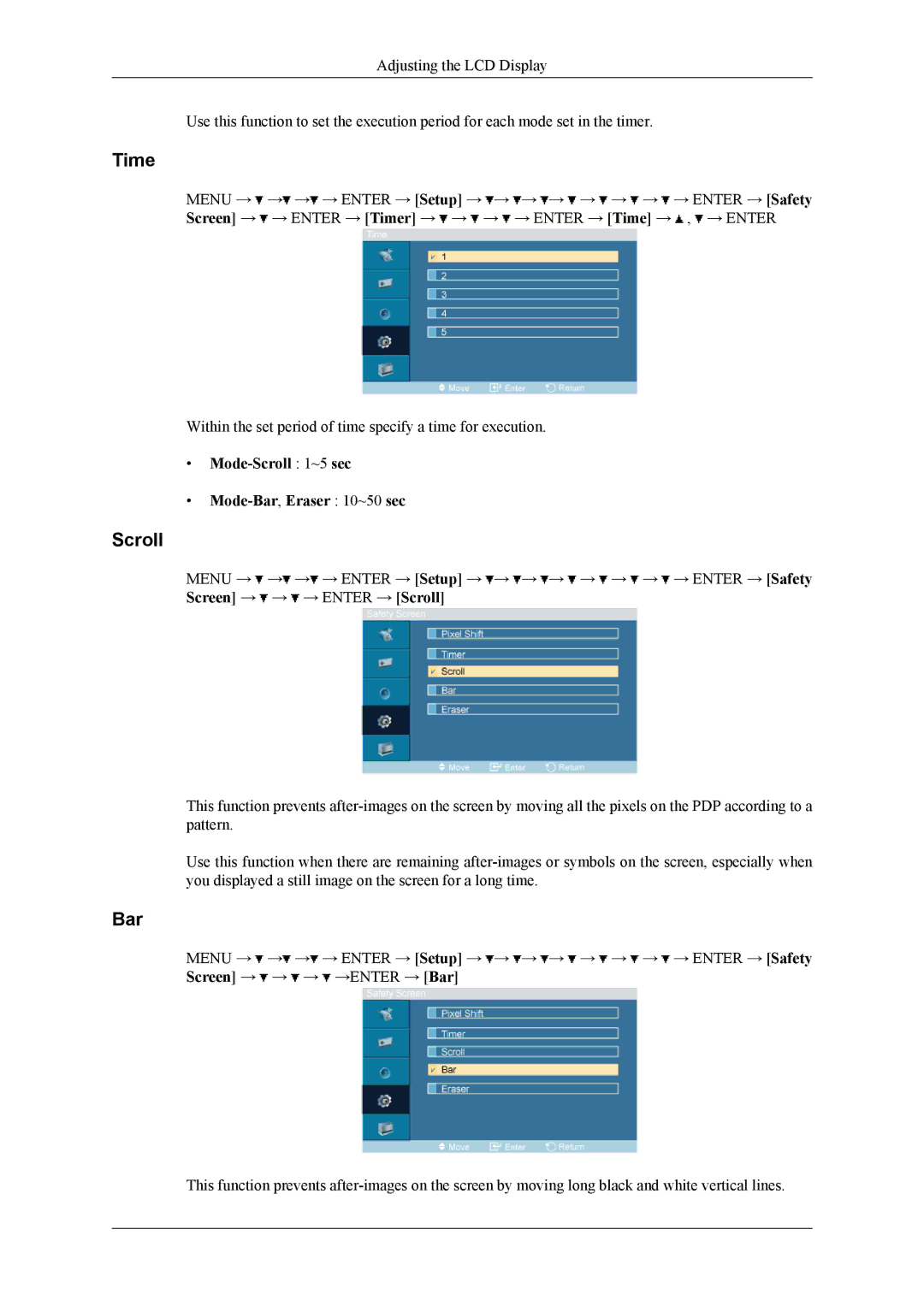 Samsung 400CXN, 460CXN, 460CXn user manual Mode-Scroll 1~5 sec Mode-Bar,Eraser 10~50 sec 