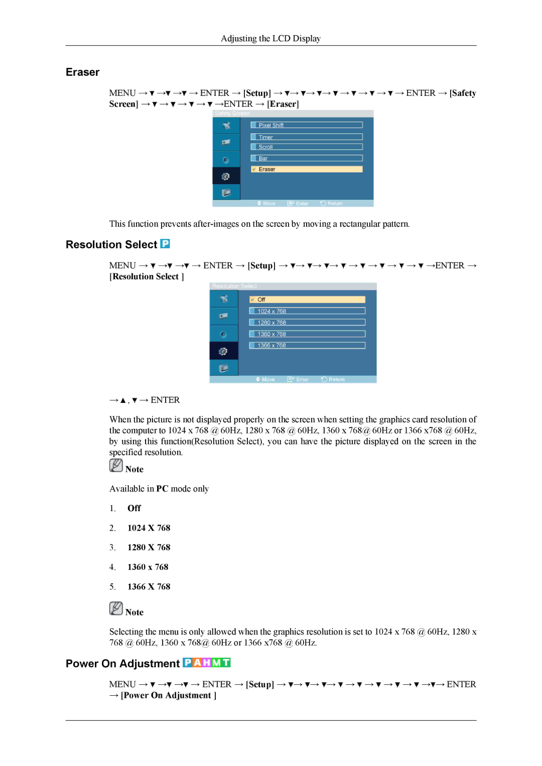 Samsung 460CXn, 400CXN, 460CXN Eraser, Resolution Select, Off 1024 X 1280 X 1360 x 1366 X, → Power On Adjustment 