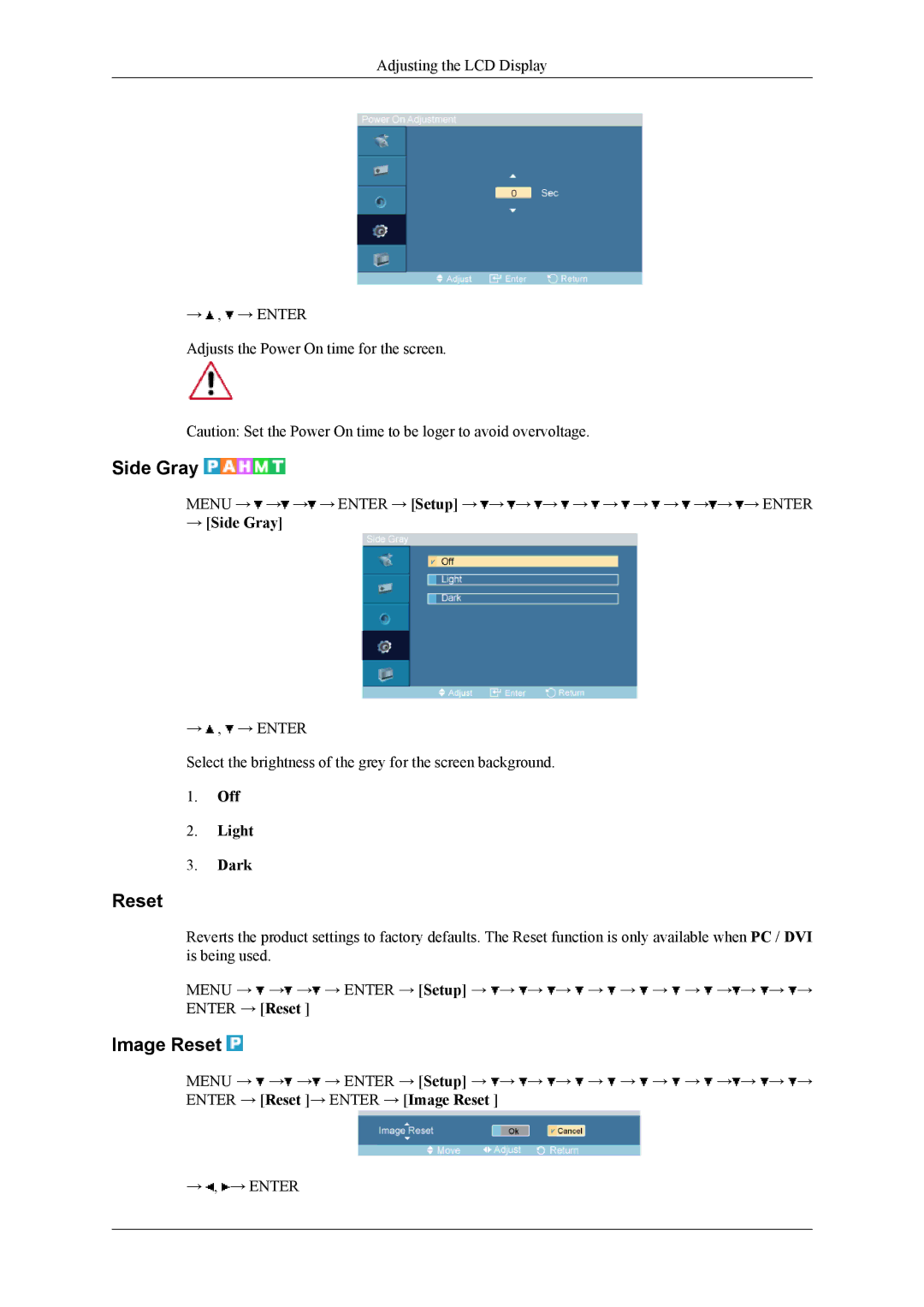 Samsung 400CXN, 460CXN, 460CXn user manual Image Reset, → Side Gray, Off Light Dark 