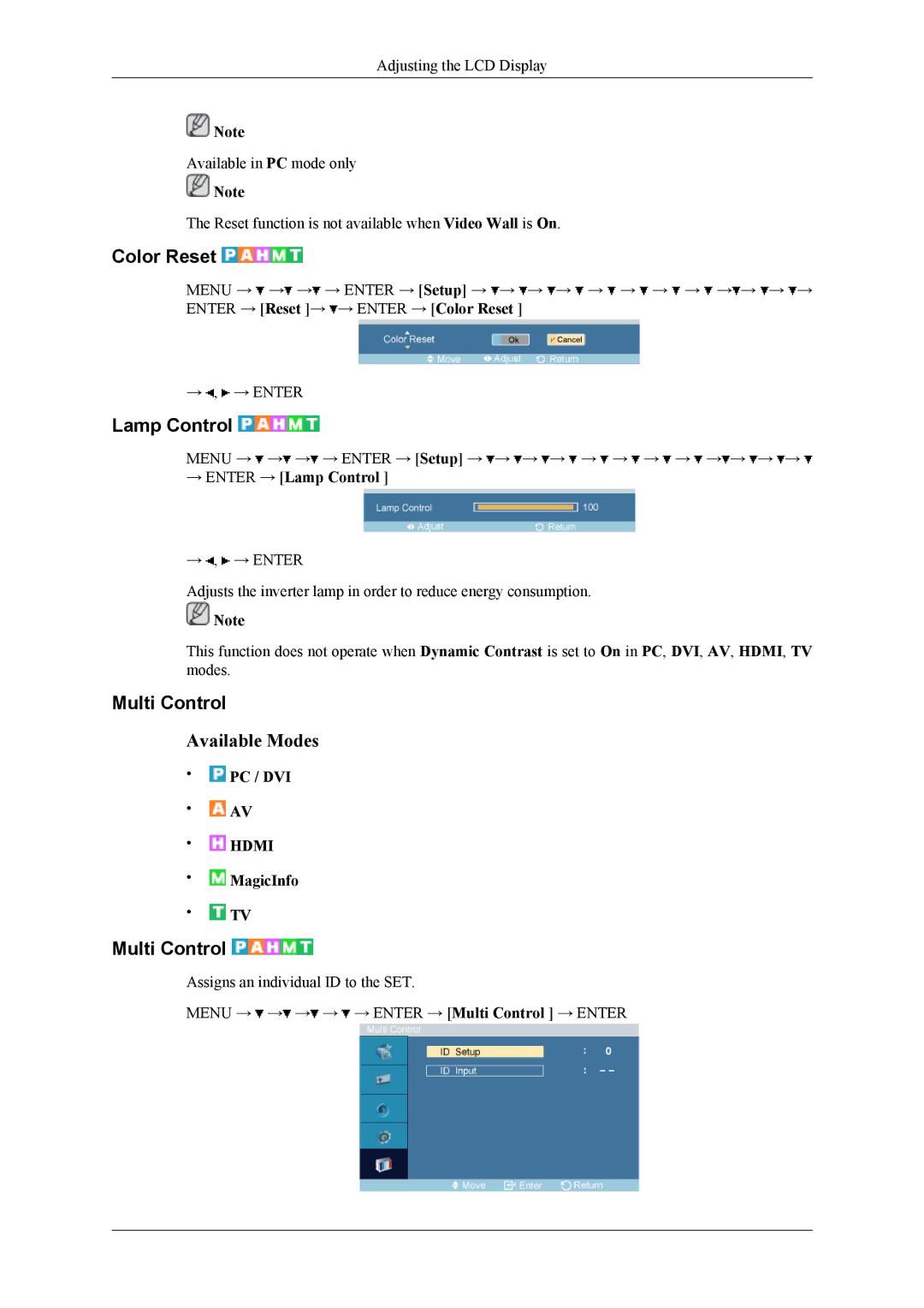 Samsung 460CXn, 400CXN, 460CXN user manual Color Reset, Multi Control, → Enter → Lamp Control 