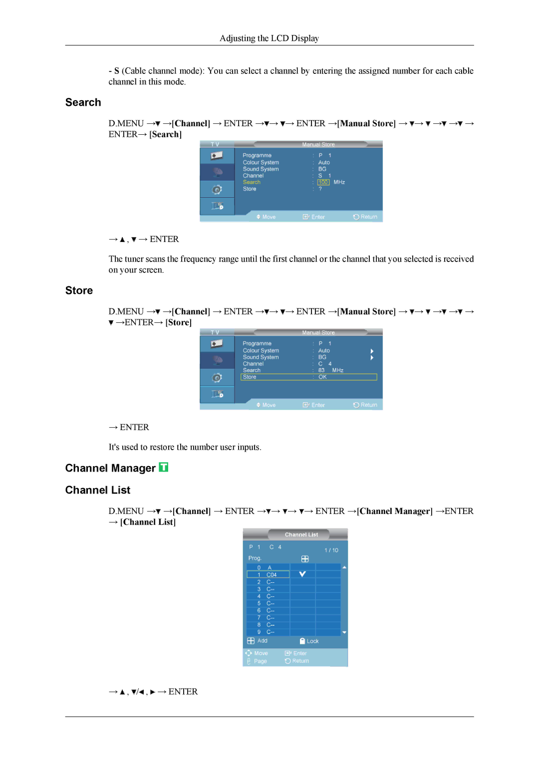 Samsung 400CXN, 460CXN, 460CXn user manual Search, Store, Channel Manager Channel List, → Channel List 