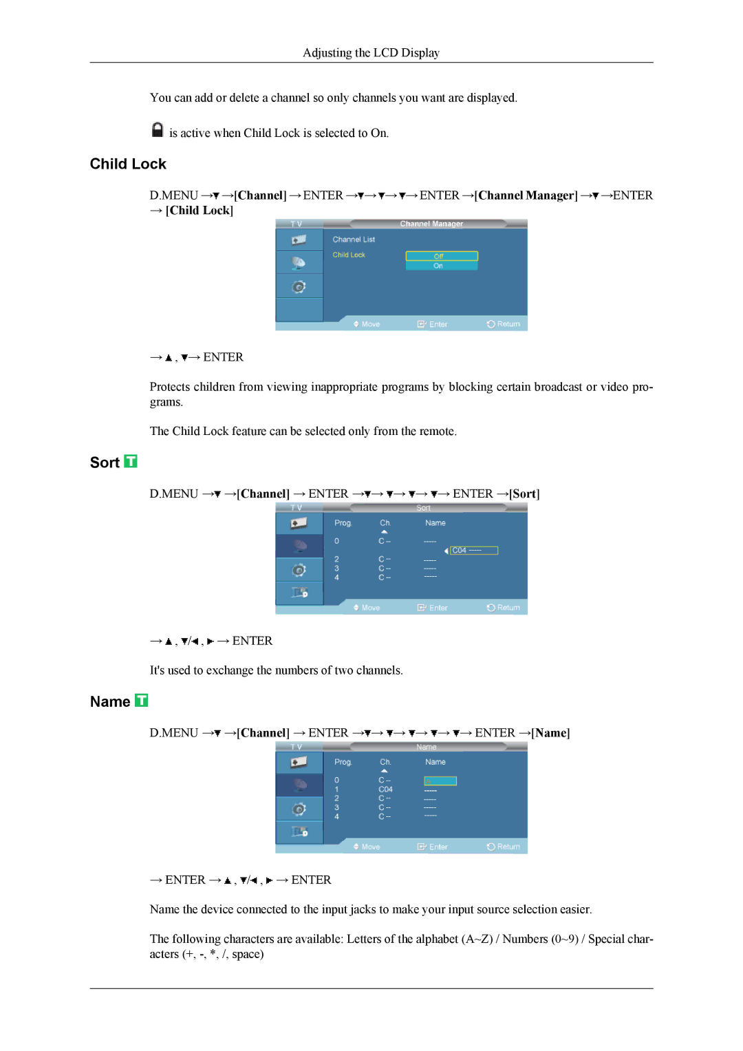 Samsung 460CXn, 400CXN, 460CXN user manual Sort, Name, → Child Lock 