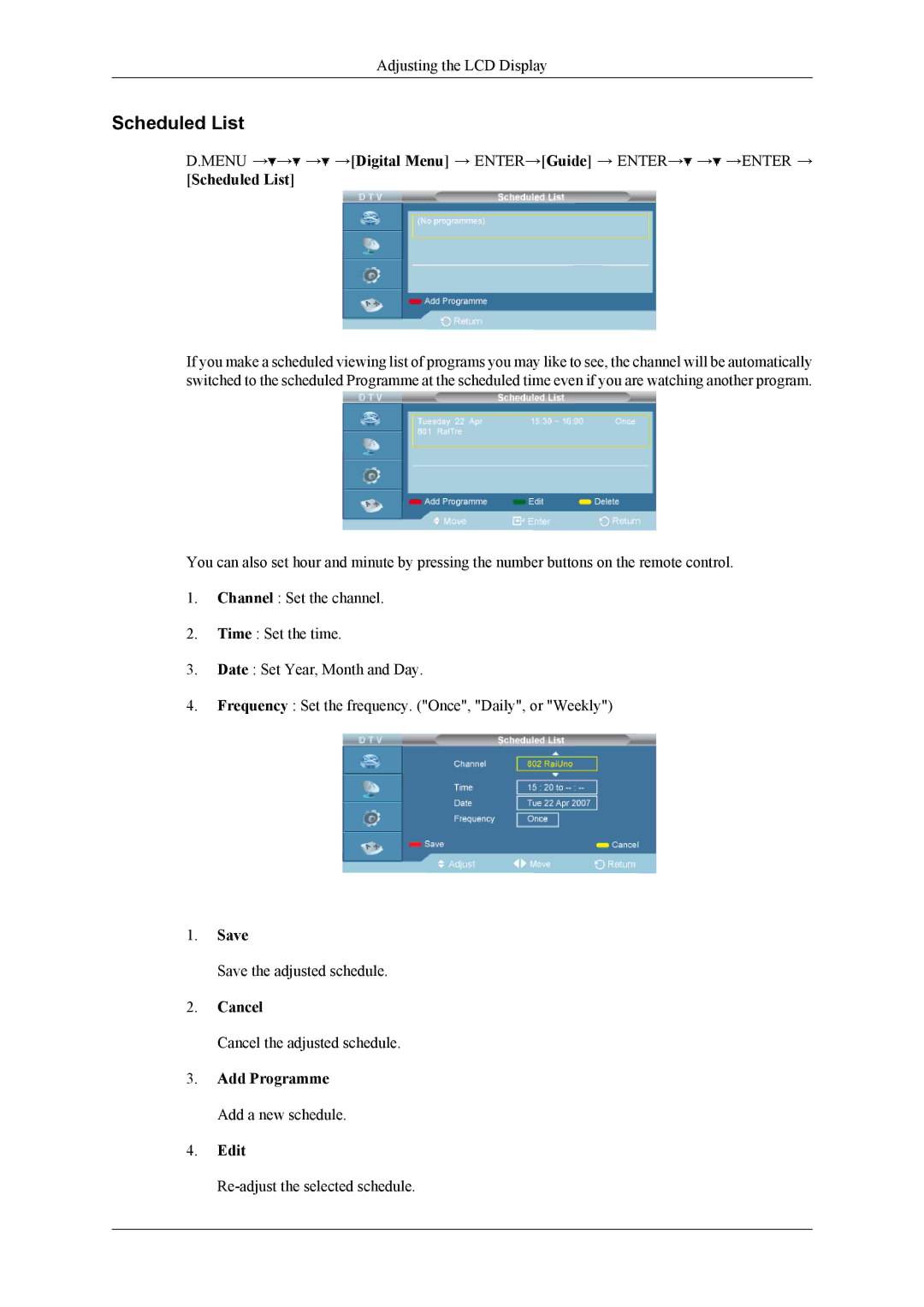 Samsung 400CXN, 460CXN, 460CXn user manual Scheduled List, Save, Cancel, Add Programme Add a new schedule Edit 