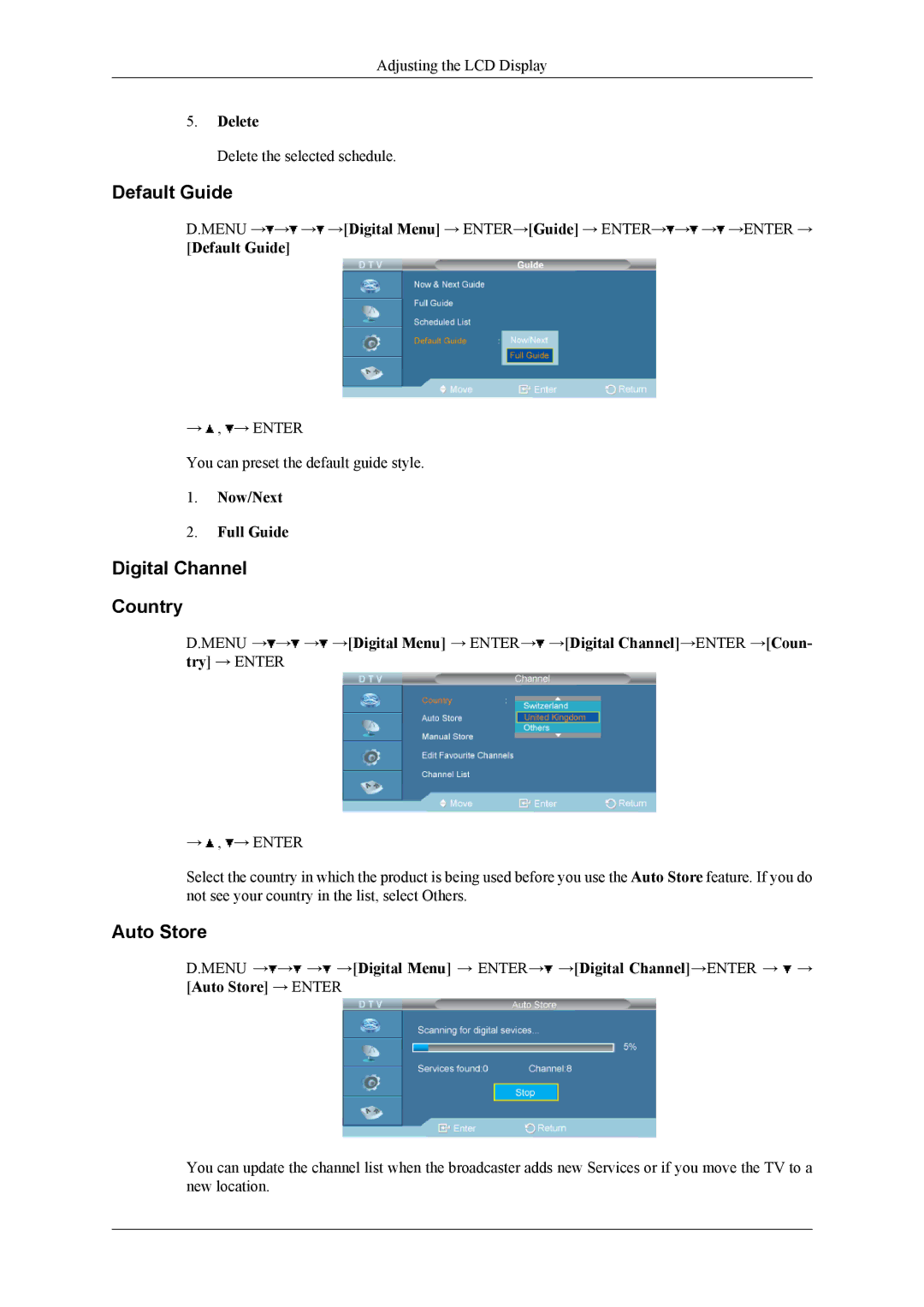 Samsung 460CXn, 400CXN, 460CXN user manual Default Guide, Digital Channel Country, Delete, Now/Next Full Guide 