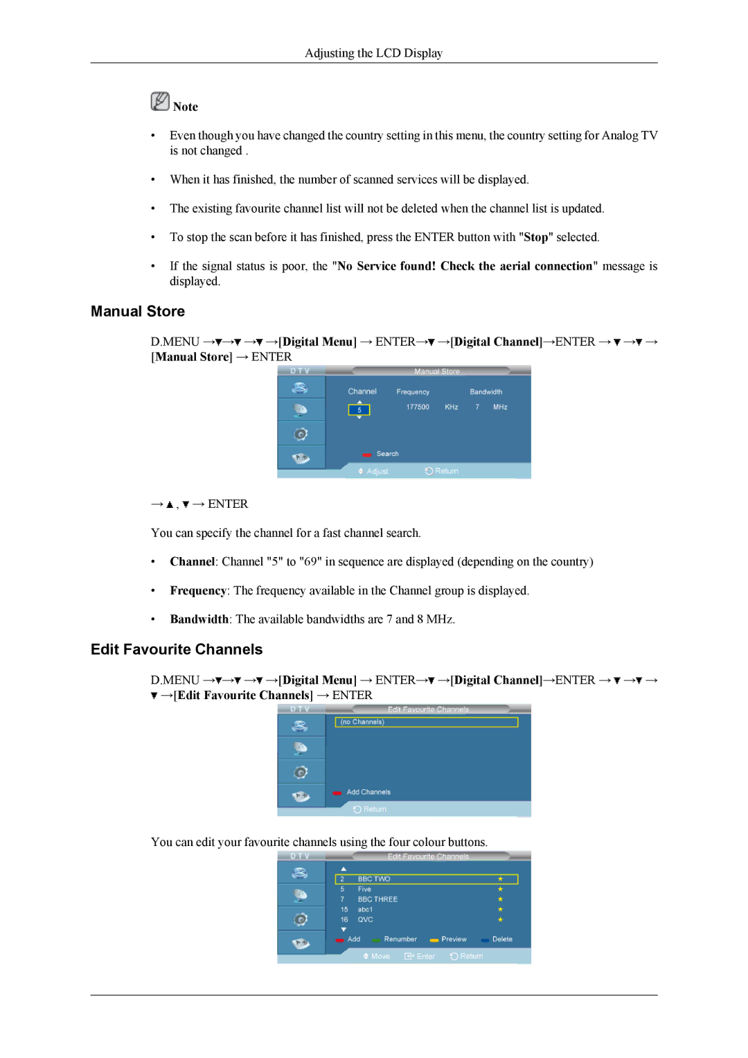 Samsung 400CXN, 460CXN, 460CXn user manual Manual Store, Edit Favourite Channels 