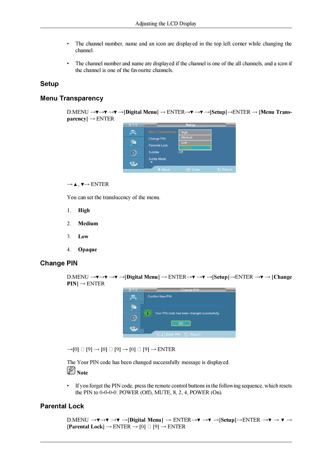 Samsung 460CXn, 400CXN, 460CXN user manual Setup Menu Transparency, Change PIN, Parental Lock 