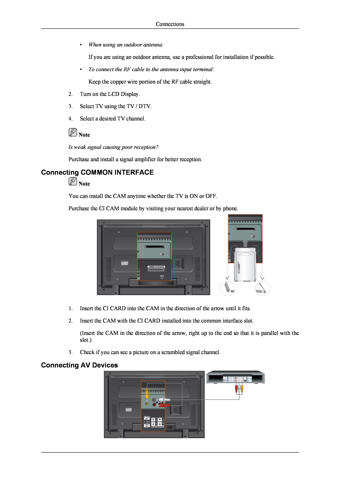Samsung 400CXn quick start Connecting COMMON INTERFACE, Connecting AV Devices, When using an outdoor antenna 