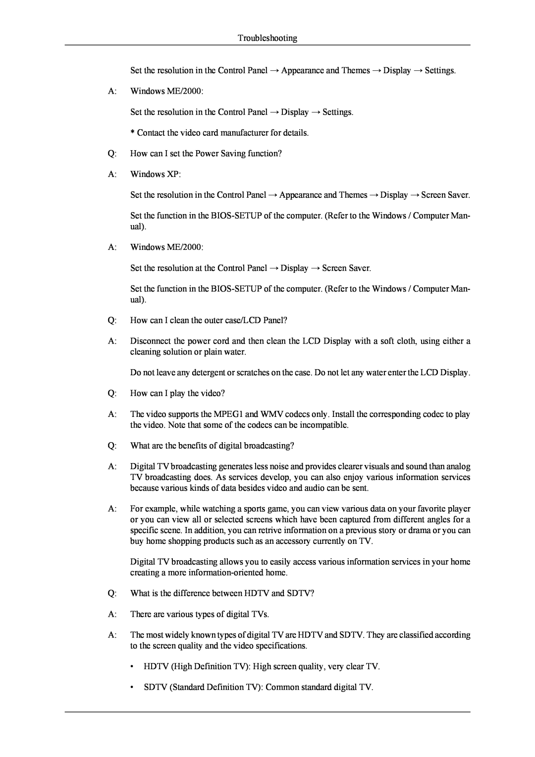 Samsung 400CXn quick start Troubleshooting, A Windows ME/2000, Q How can I set the Power Saving function? A Windows XP 