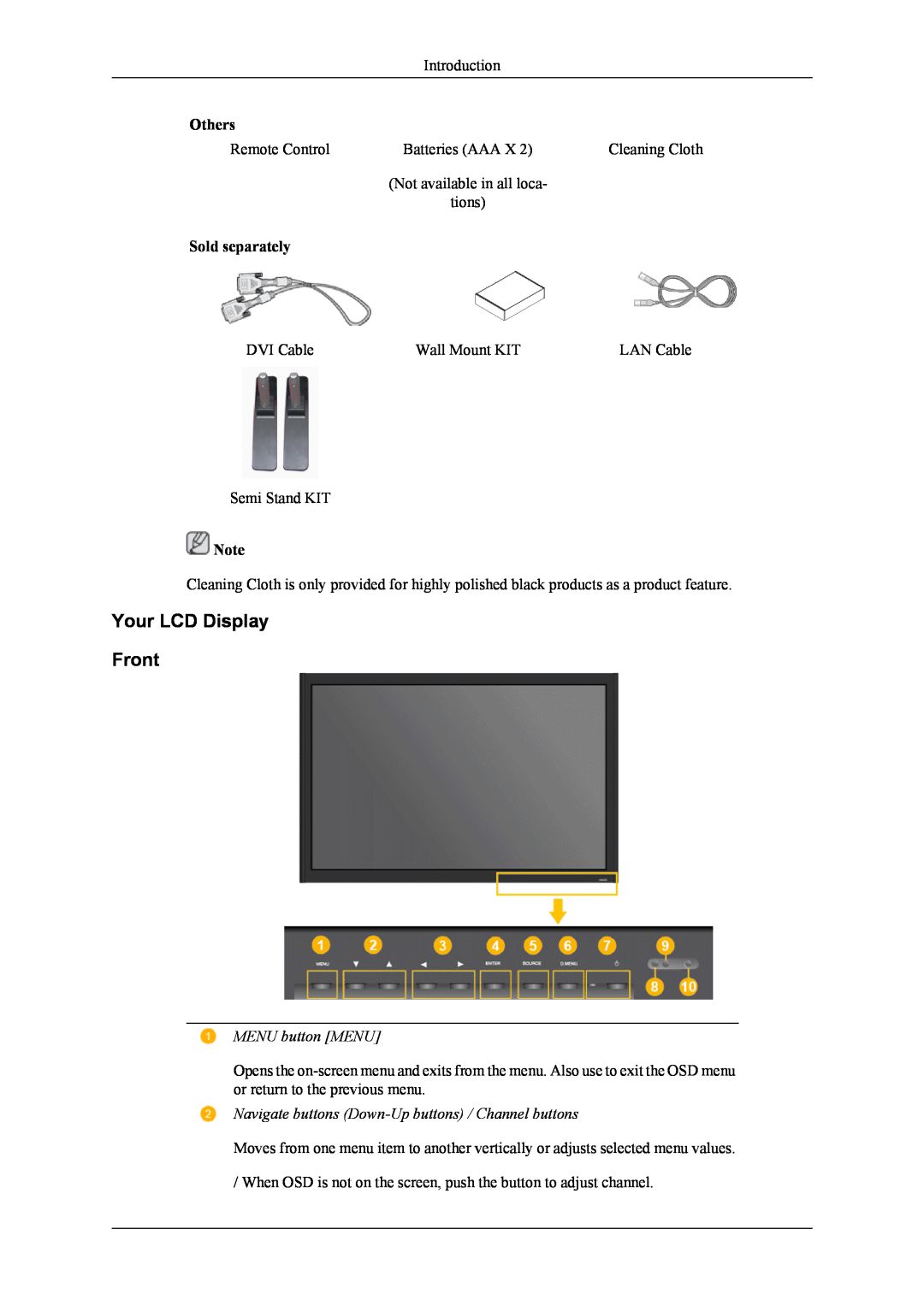 Samsung 400CXn quick start Your LCD Display Front, Sold separately, MENU button MENU, Others 