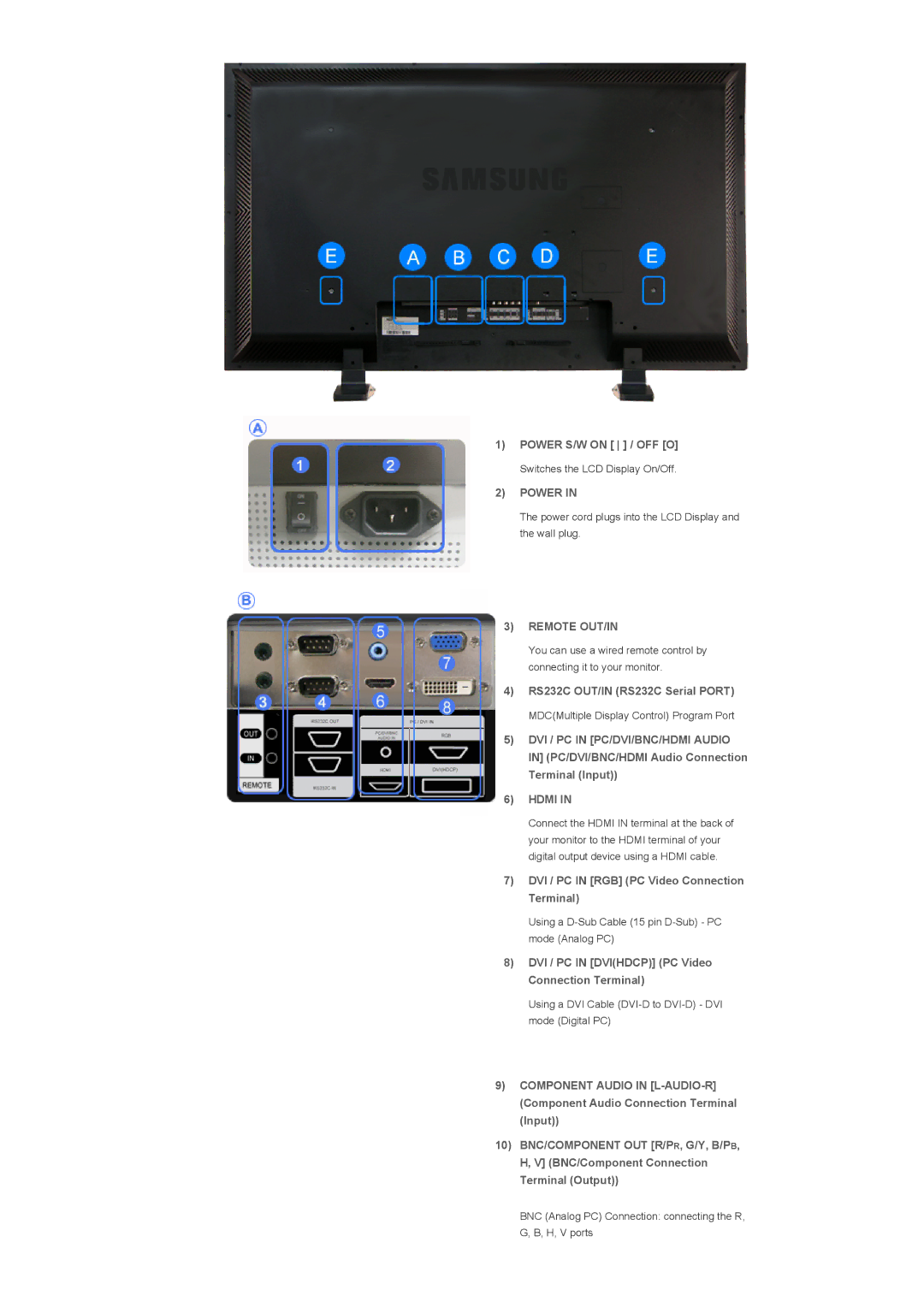 Samsung 400DX, 460DX DVI / PC in RGB PC Video Connection Terminal, DVI / PC in Dvihdcp PC Video Connection Terminal 