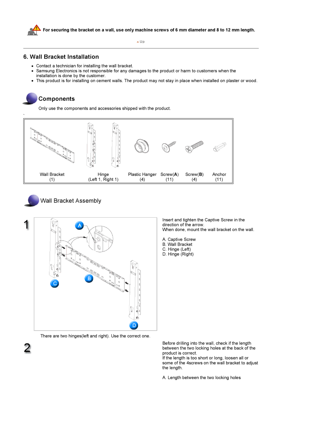 Samsung 460DX, 400DX specifications Wall Bracket Installation 