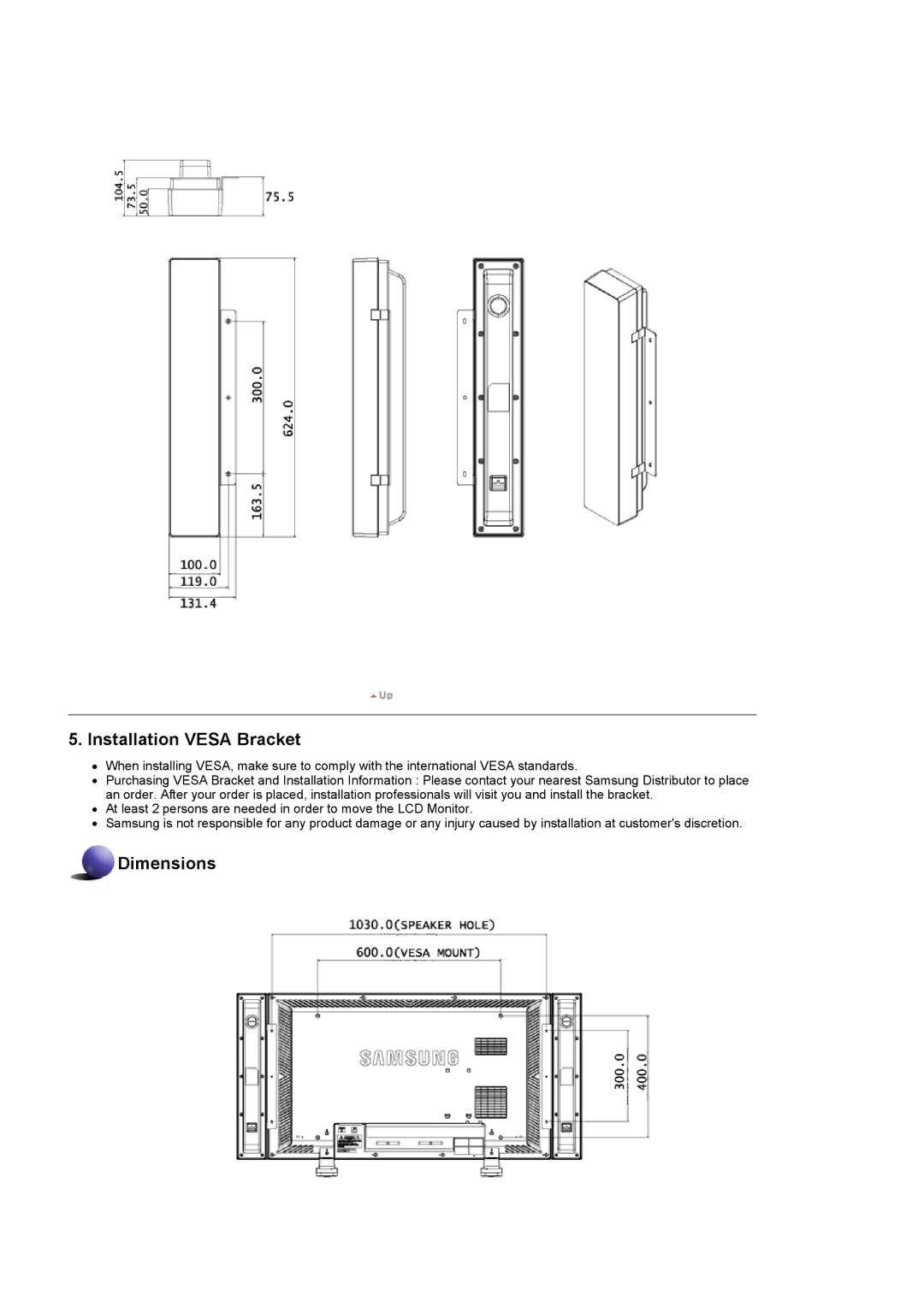 Samsung 460DX, 400DX specifications Installation Vesa Bracket 