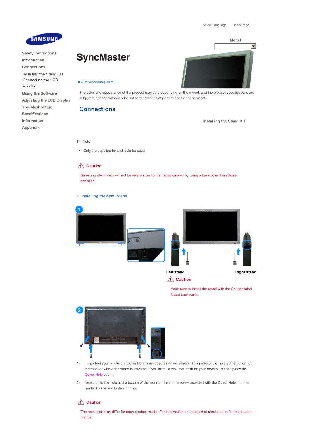 Samsung 460DX, 400DX specifications Installing the Stand KIT, Installing the Semi Stand 