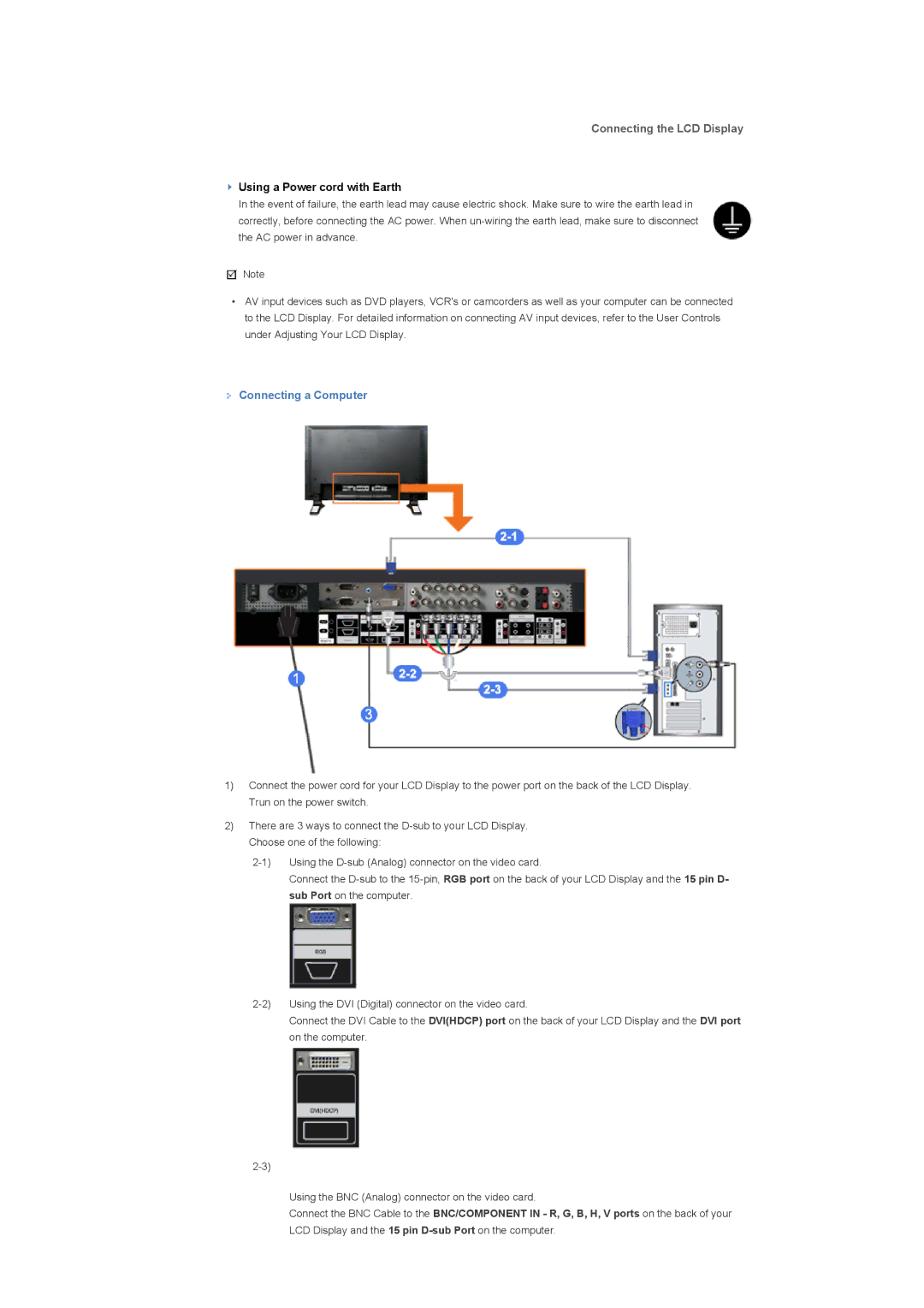 Samsung 400DX, 460DX specifications Connecting the LCD Display, Connecting a Computer 