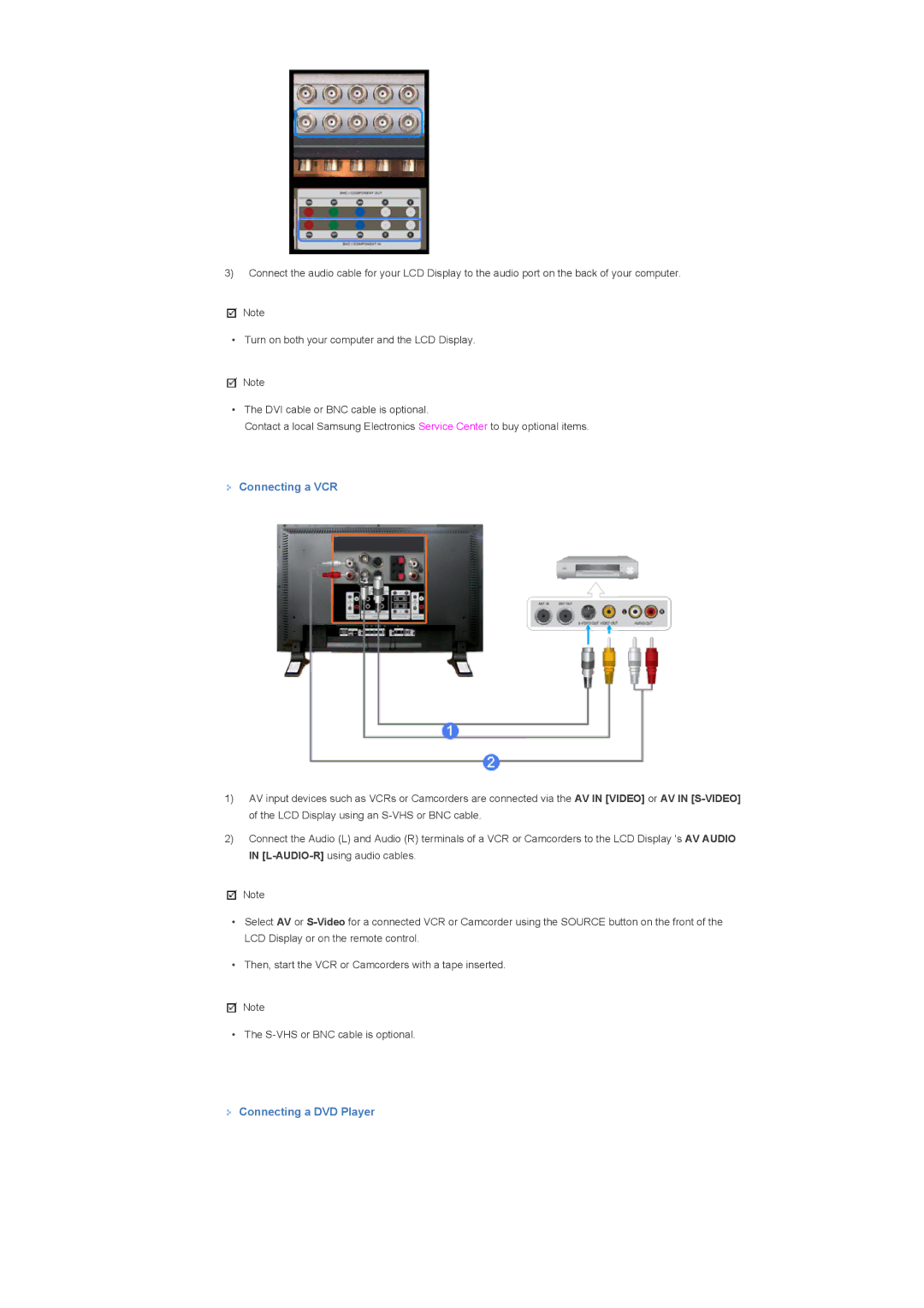 Samsung 460DX, 400DX specifications Connecting a VCR, Connecting a DVD Player 