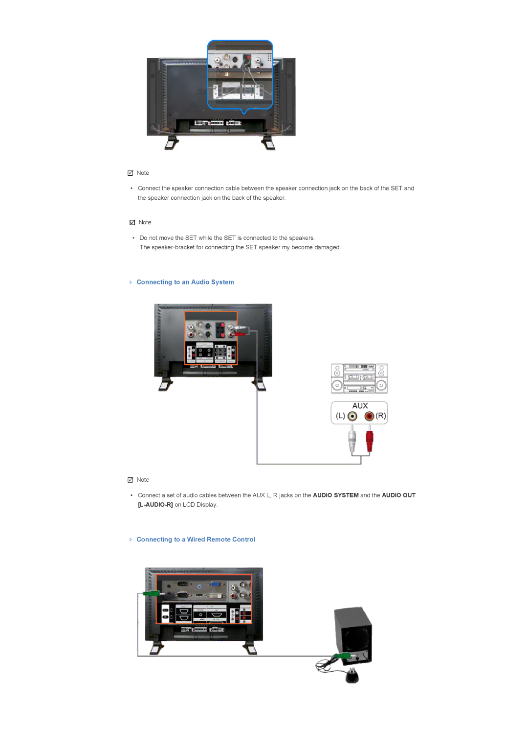 Samsung 400DX, 460DX specifications Connecting to an Audio System, Connecting to a Wired Remote Control 