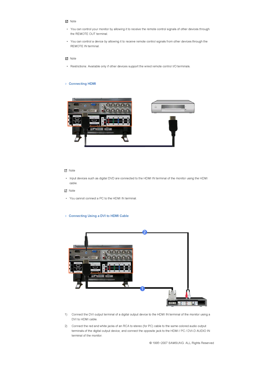 Samsung 460DX, 400DX specifications Connecting Hdmi, Connecting Using a DVI to Hdmi Cable 