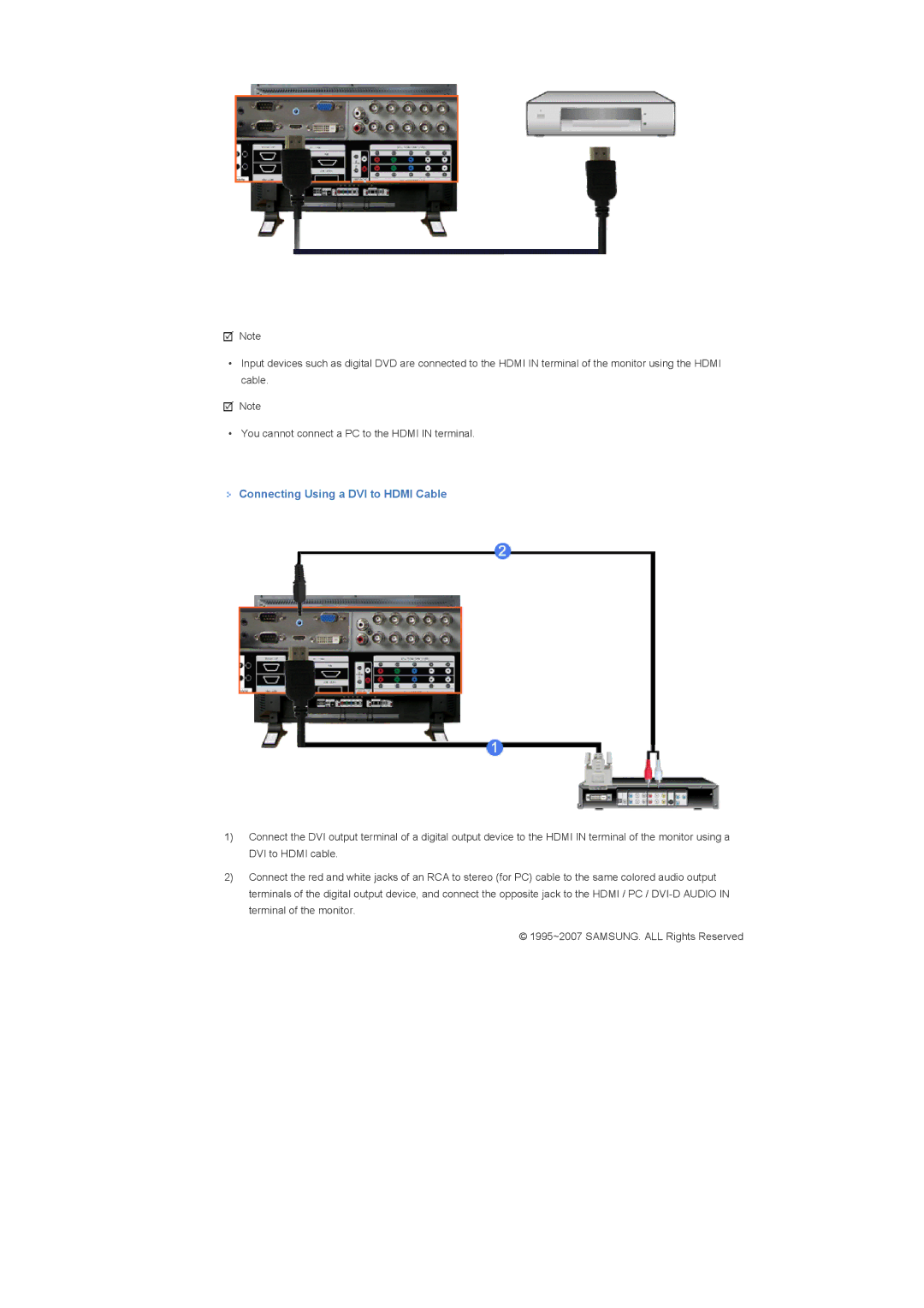 Samsung 400DX, 460DX specifications Connecting Using a DVI to Hdmi Cable 