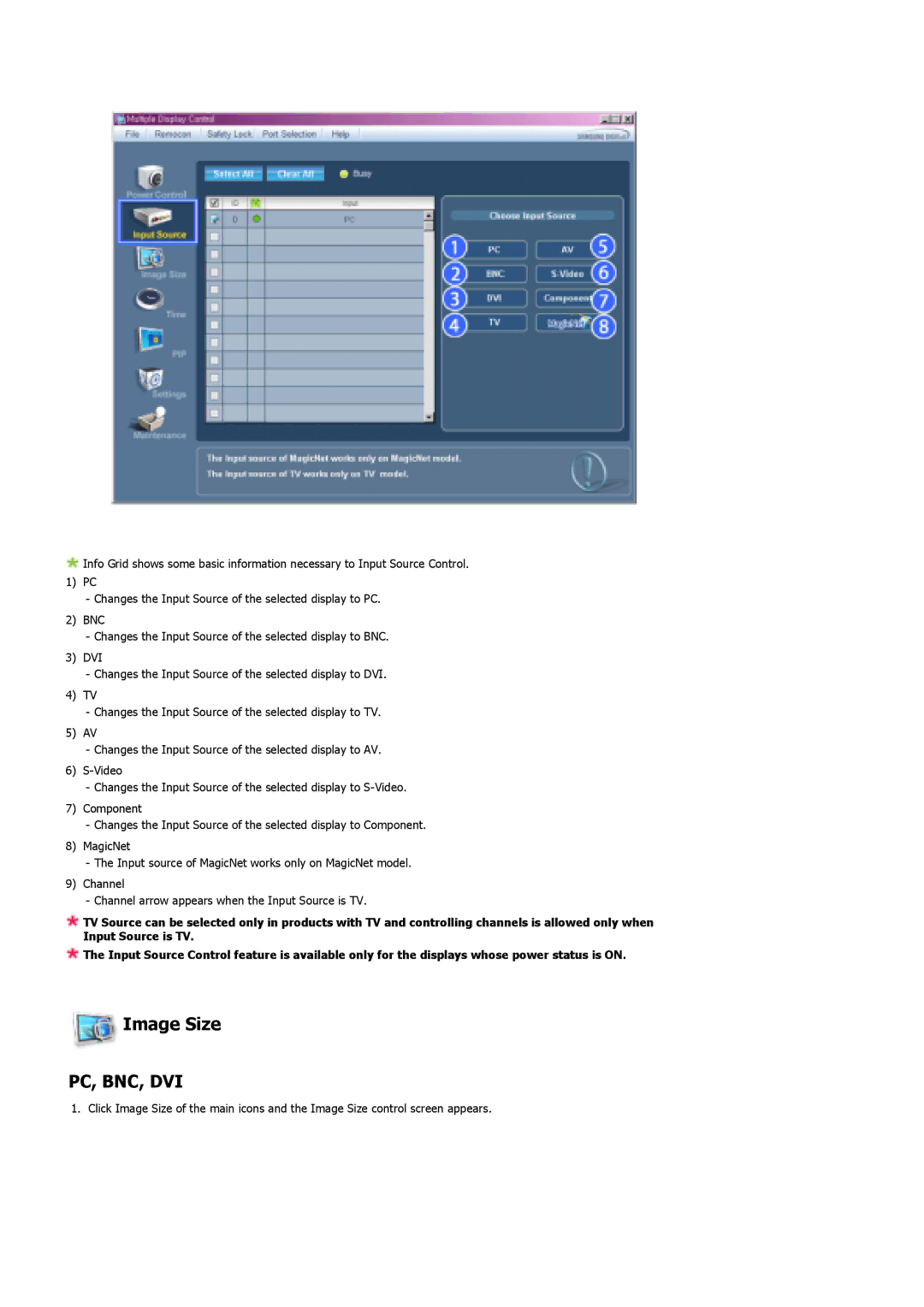 Samsung 400DX, 460DX specifications Image Size, Pc, Bnc, Dvi 