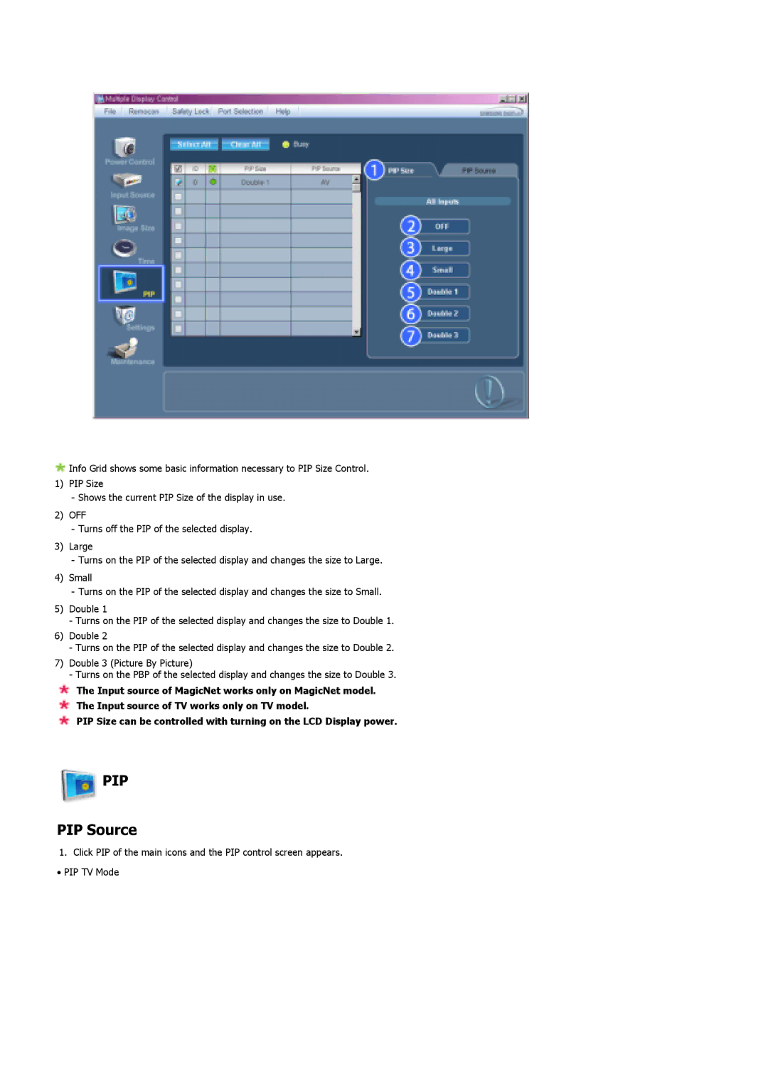 Samsung 400DX, 460DX specifications PIP Source 